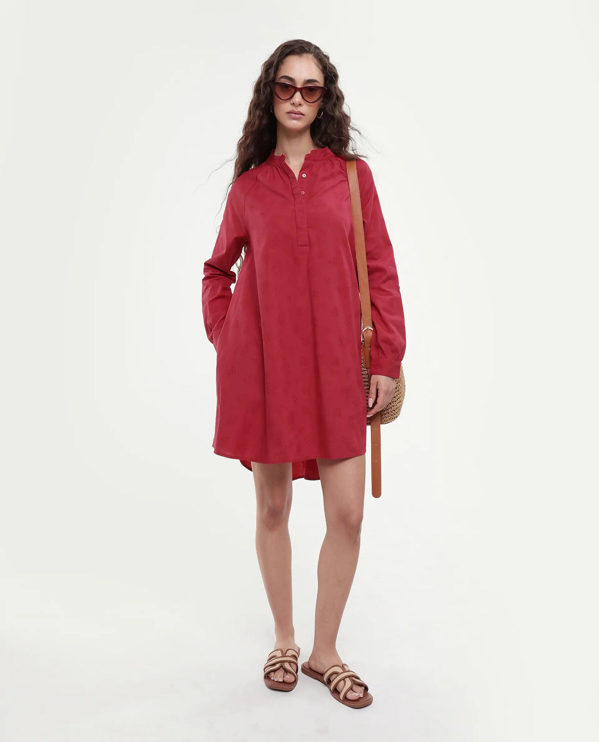Rareism Women's Somigi Red Cotton Band Collar Plain Raglan Sleeve Mini A-Line Dress