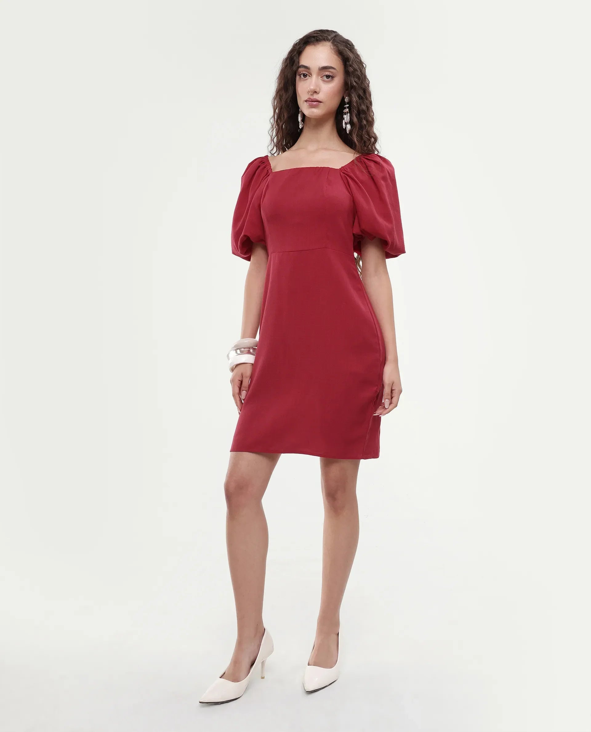 Rareism Women's Somkan Red Polyester Square Neck Plain Balloon Sleeve Mini Straight Fit Dress