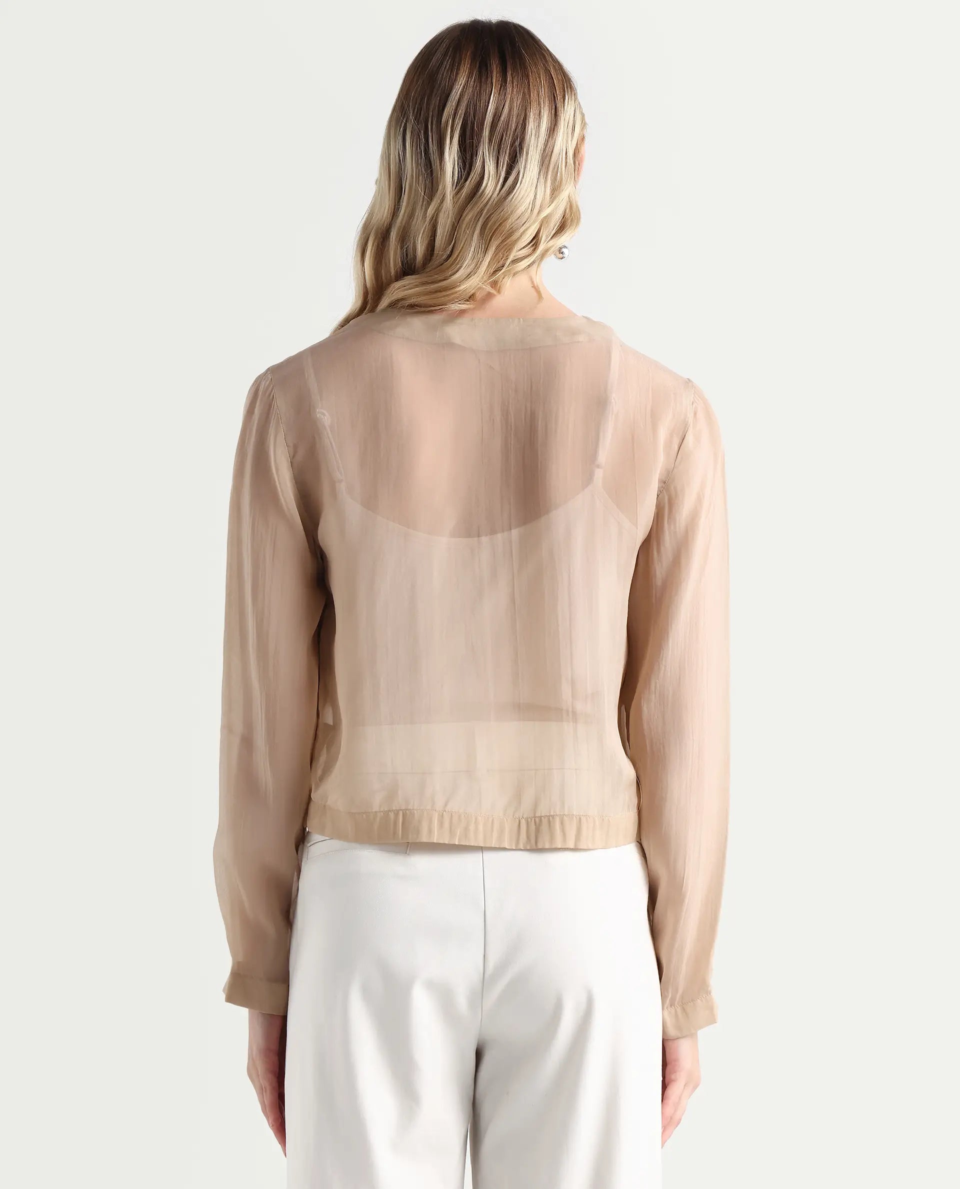 Rareism Women's Somshre Beige Viscose Collarless Plain Crop Regular Fit Jacket