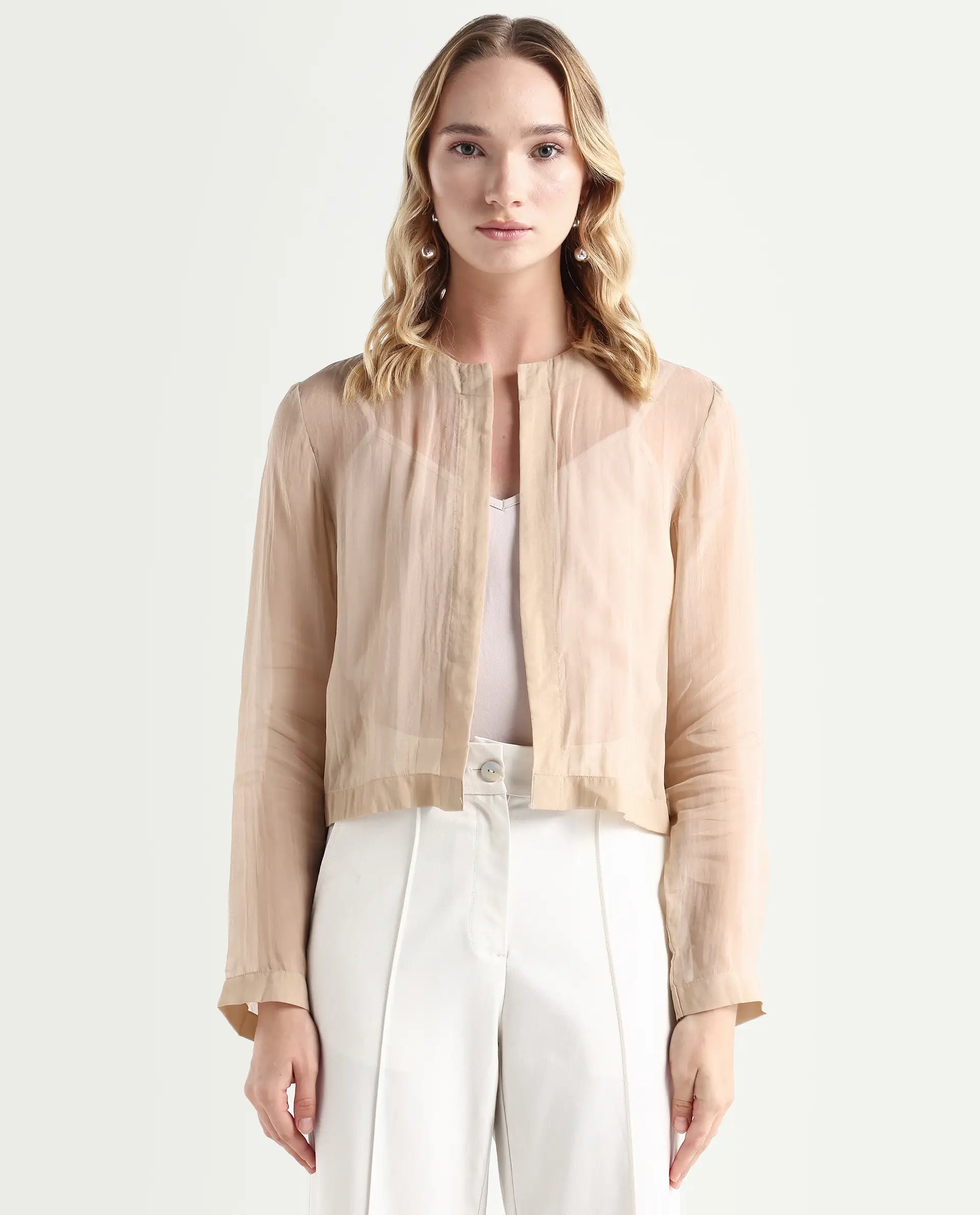 Rareism Women's Somshre Beige Viscose Collarless Plain Crop Regular Fit Jacket