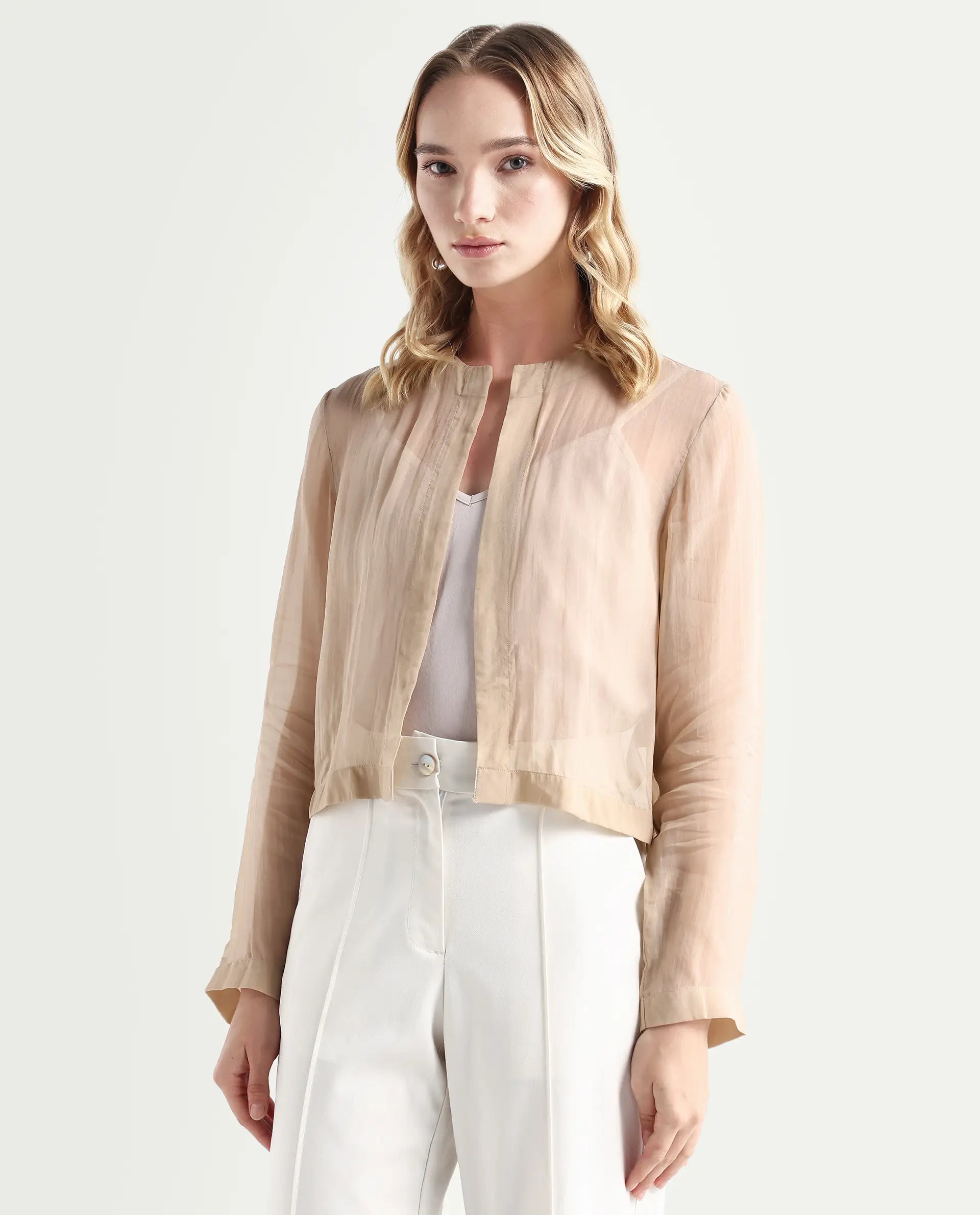 Rareism Women's Somshre Beige Viscose Collarless Plain Crop Regular Fit Jacket