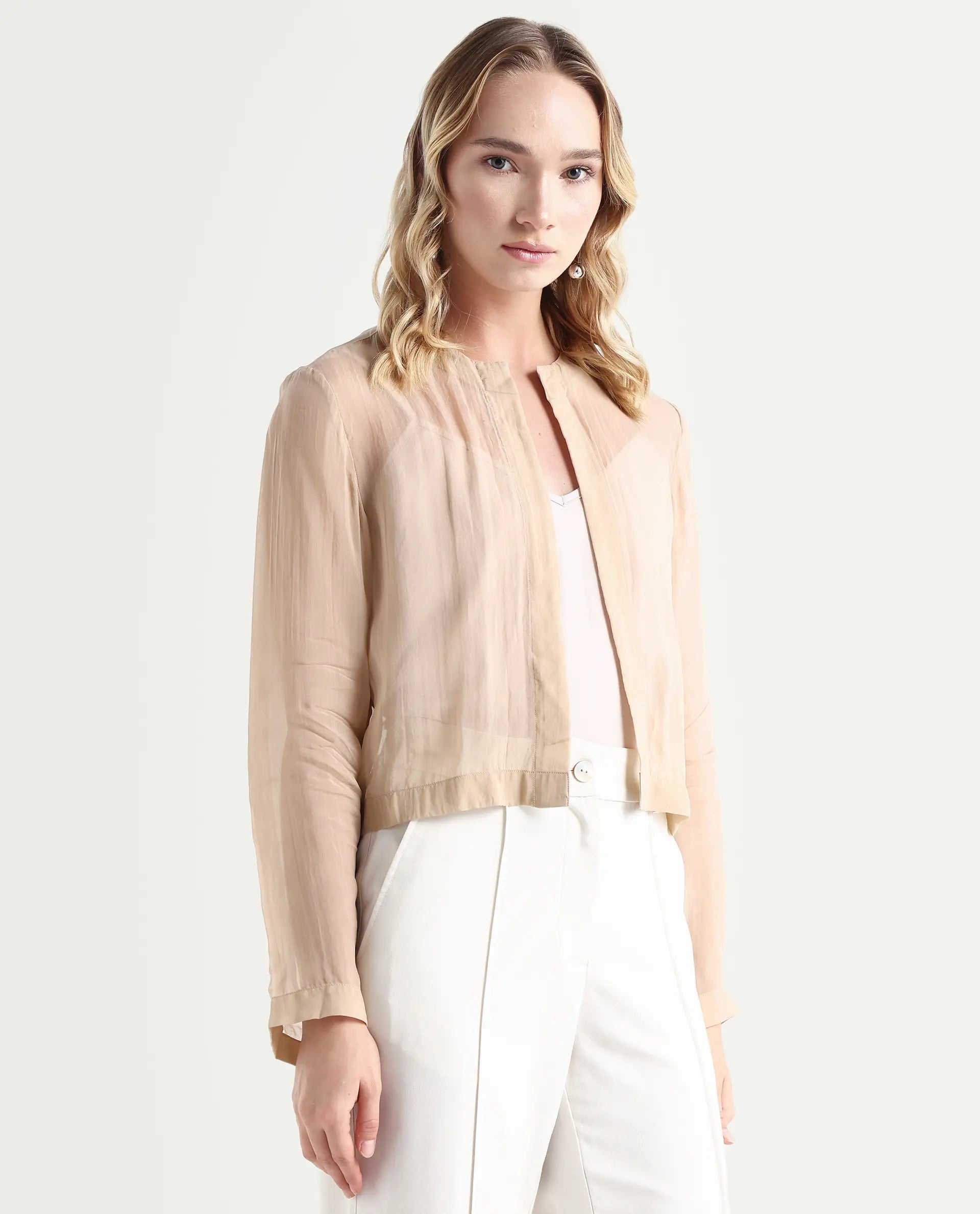 Rareism Women's Somshre Beige Viscose Collarless Plain Crop Regular Fit Jacket