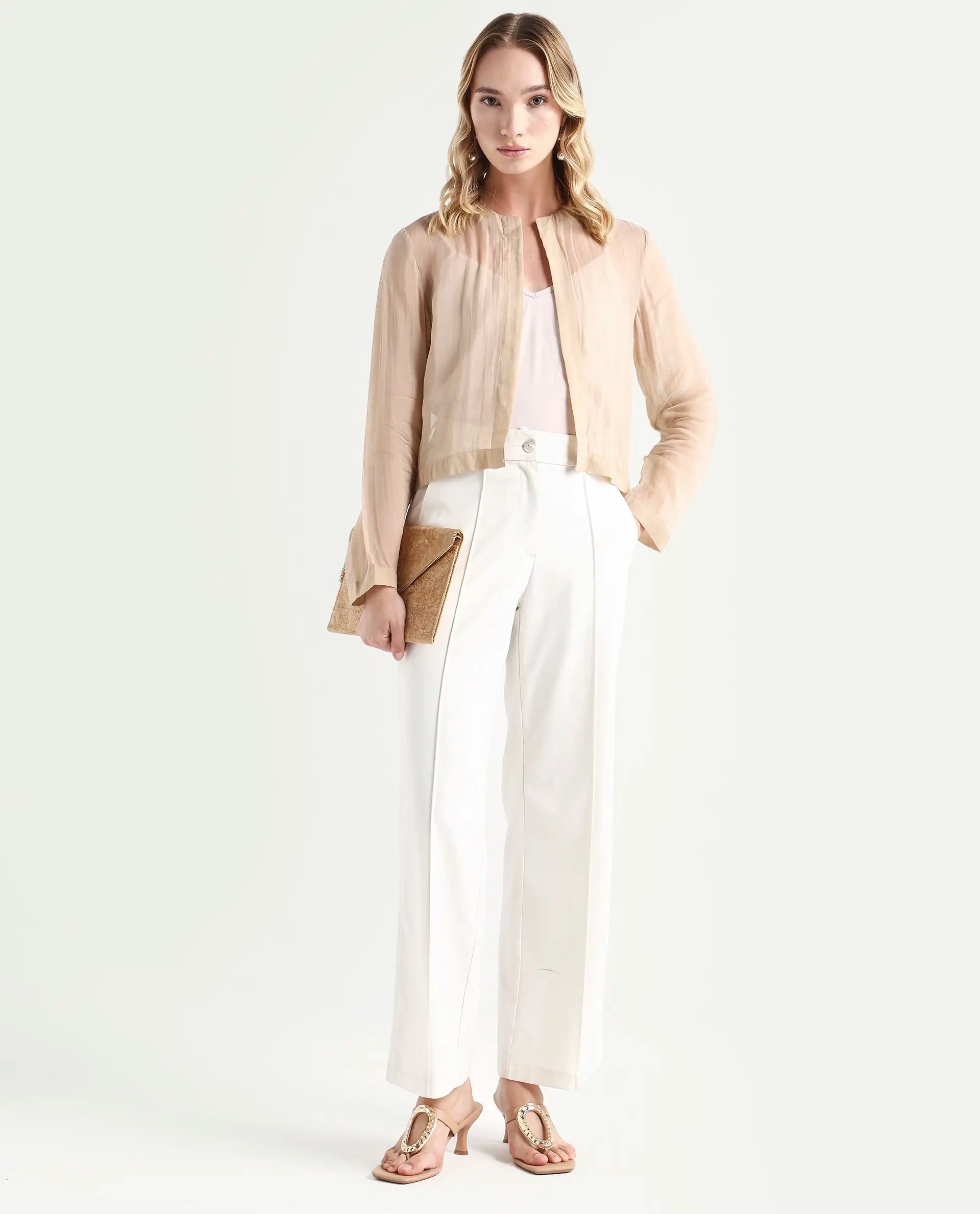 Rareism Women's Somshre Beige Viscose Collarless Plain Crop Regular Fit Jacket