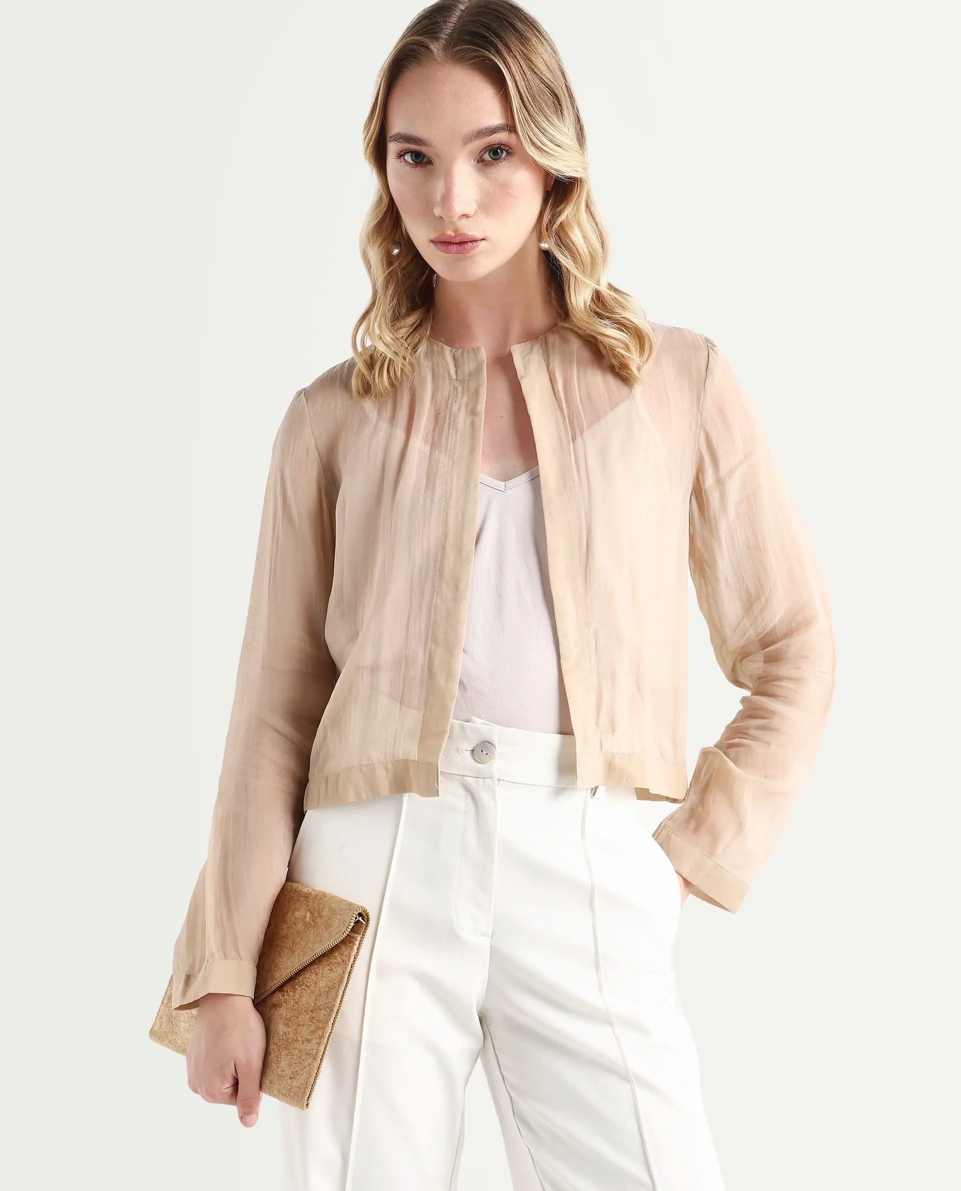Rareism Women's Somshre Beige Viscose Collarless Plain Crop Regular Fit Jacket