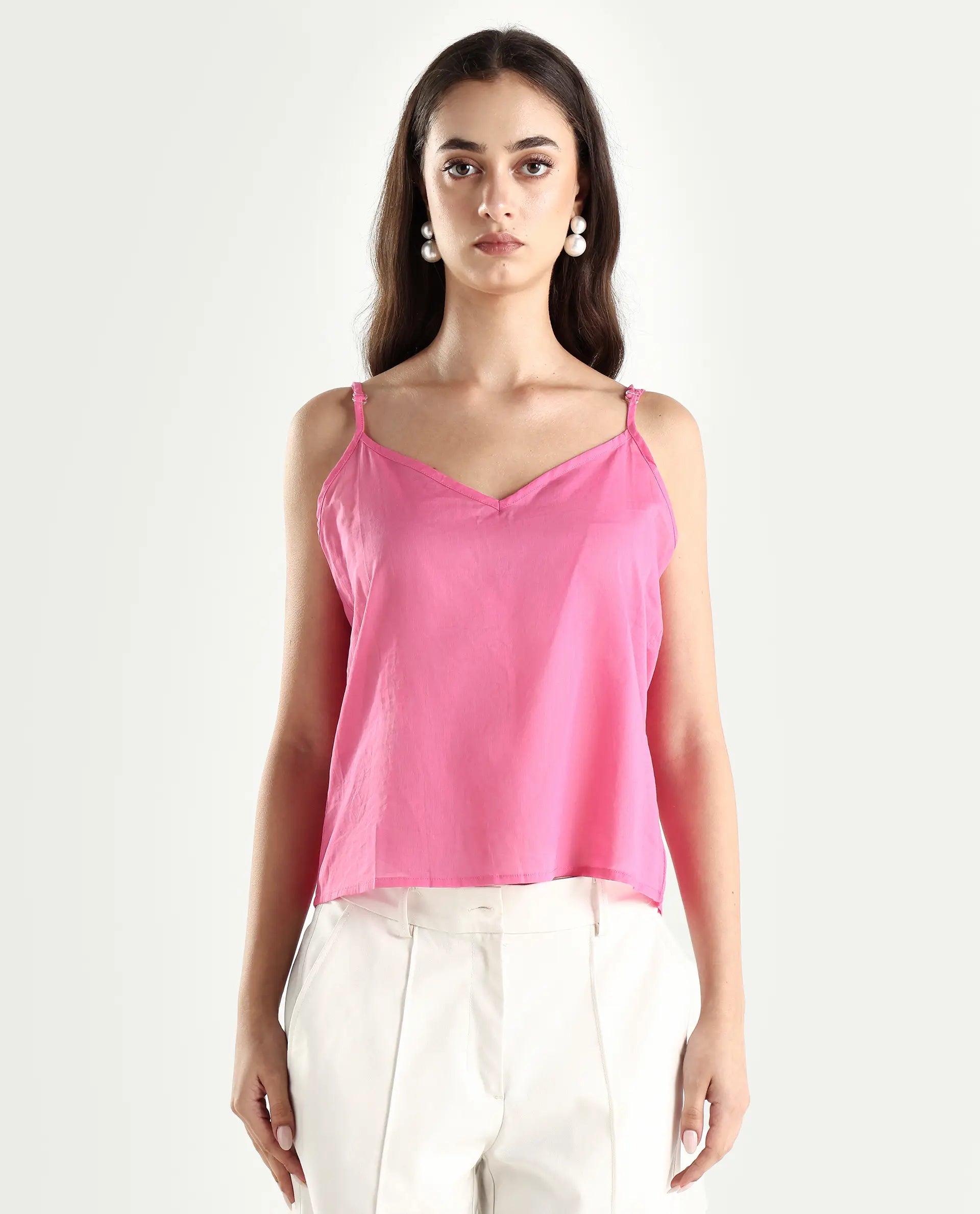 Rareism Women's Sombil Pink Polyester V-Neck Plain Bishop Sleeve Regular Fit Top