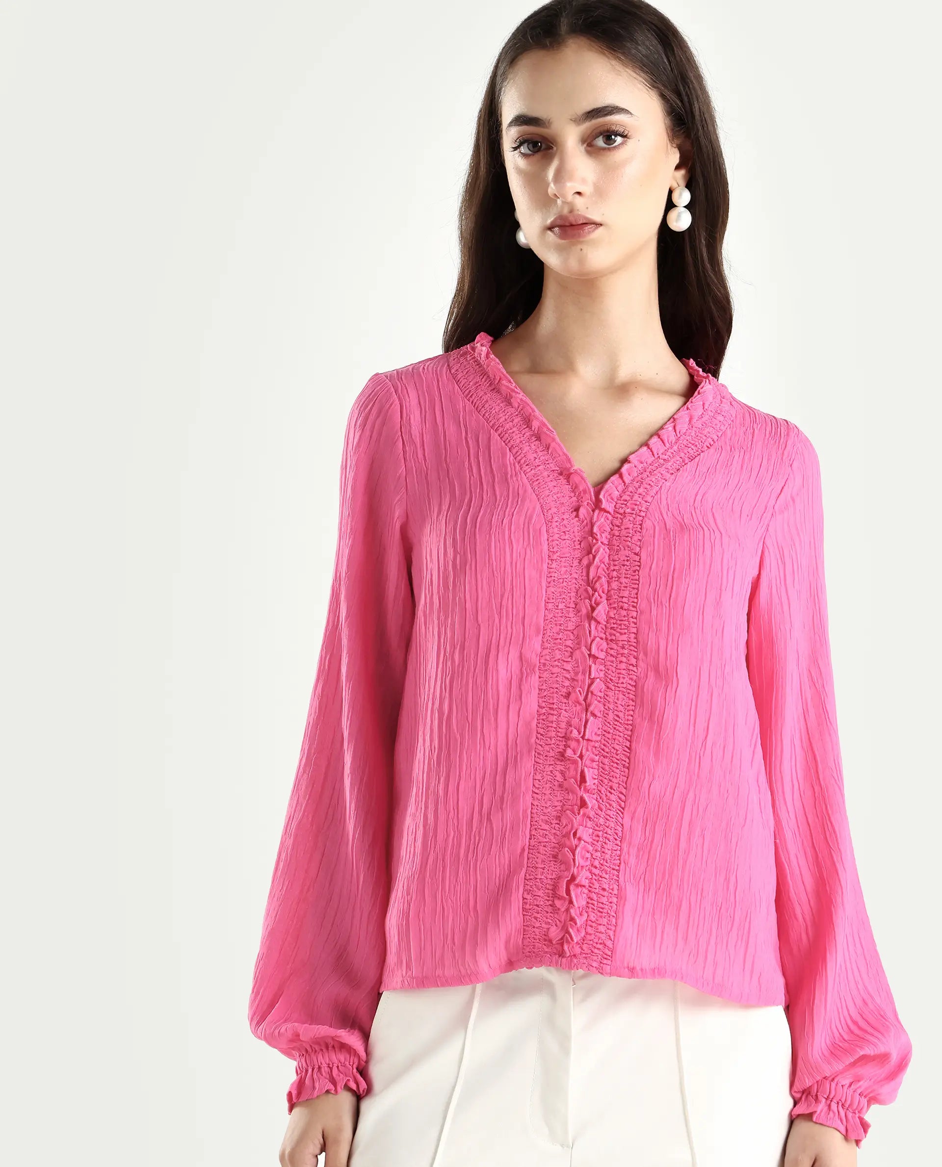 Rareism Women's Sombil Pink Polyester V-Neck Plain Bishop Sleeve Regular Fit Top