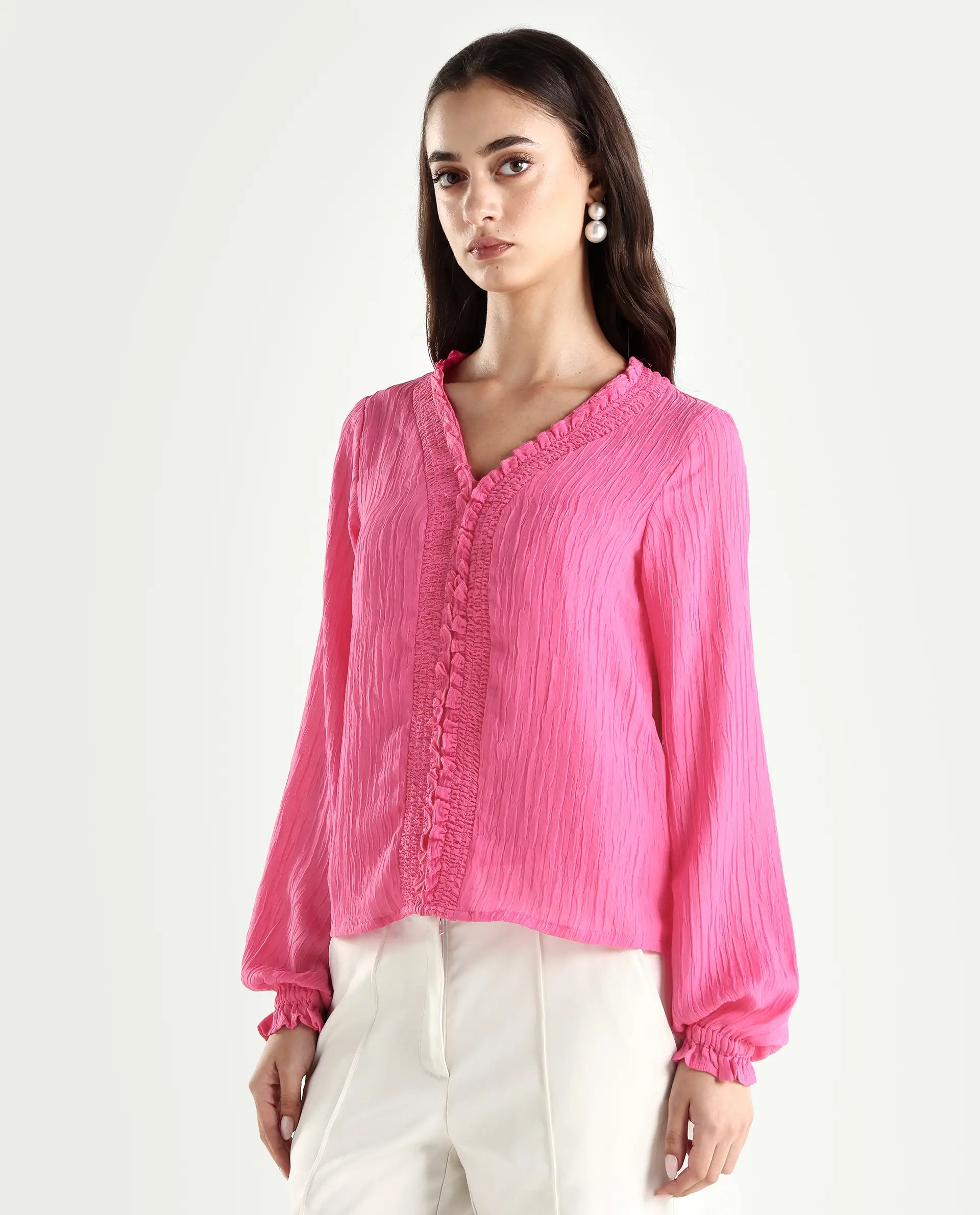 Rareism Women's Sombil Pink Polyester V-Neck Plain Bishop Sleeve Regular Fit Top