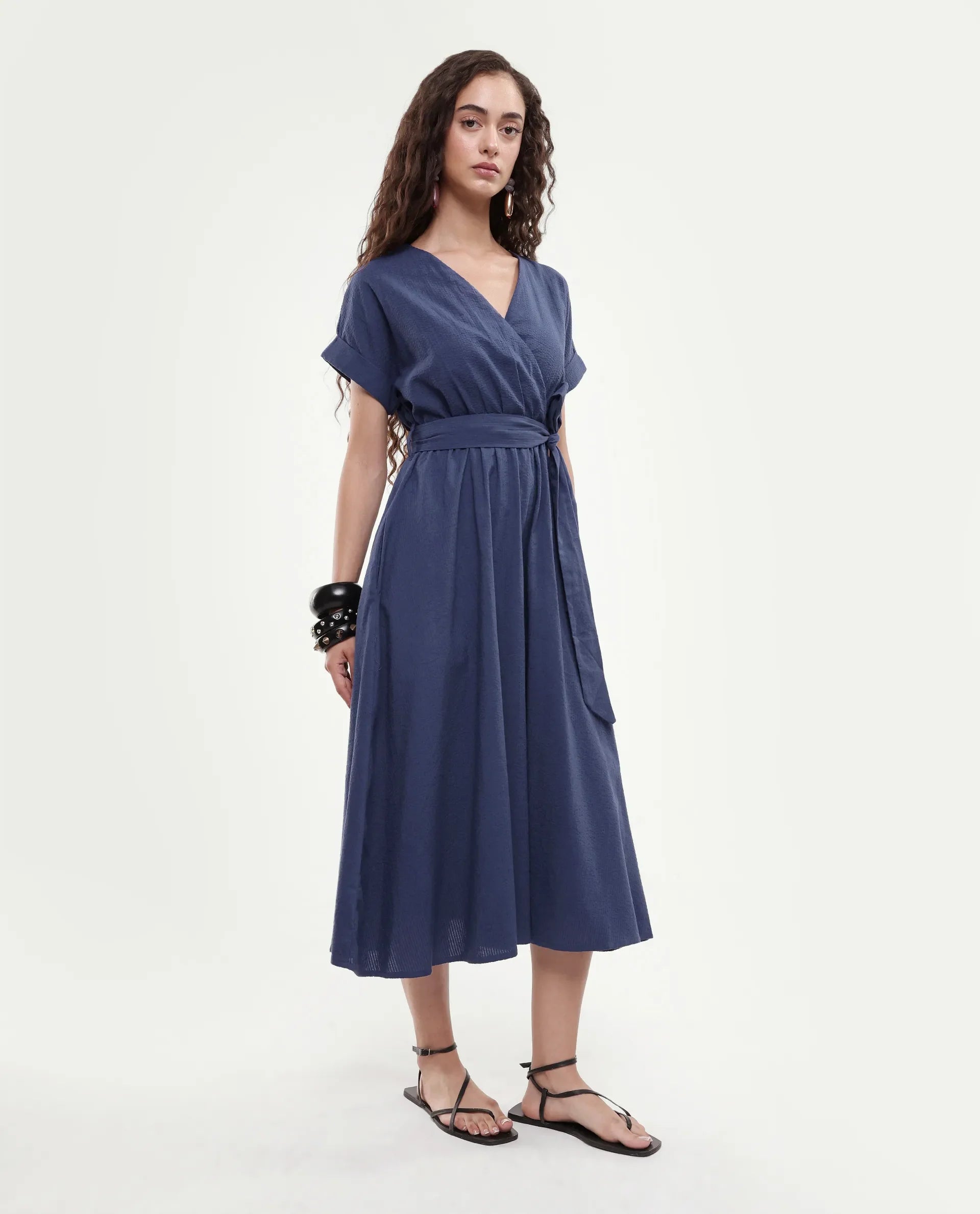 Rareism Women's Bhamin Navy Viscose Overlap Neck Plain Extended Sleeves Midi Fit And Flare Dress