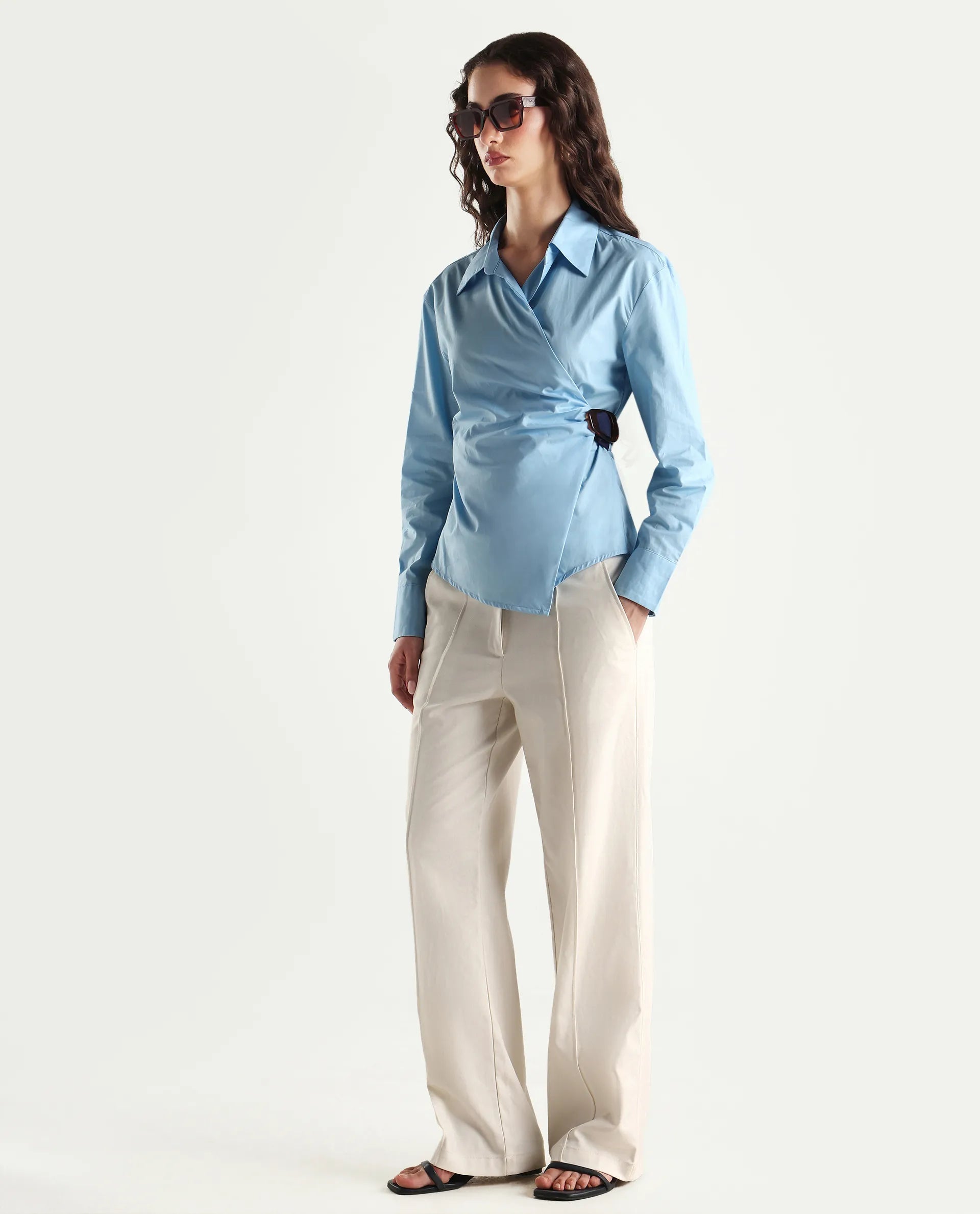 Rareism Women's Bhanella T Blue Cotton Spread Collar Plain Cuffed Sleeve Relaxed Fit Shirt