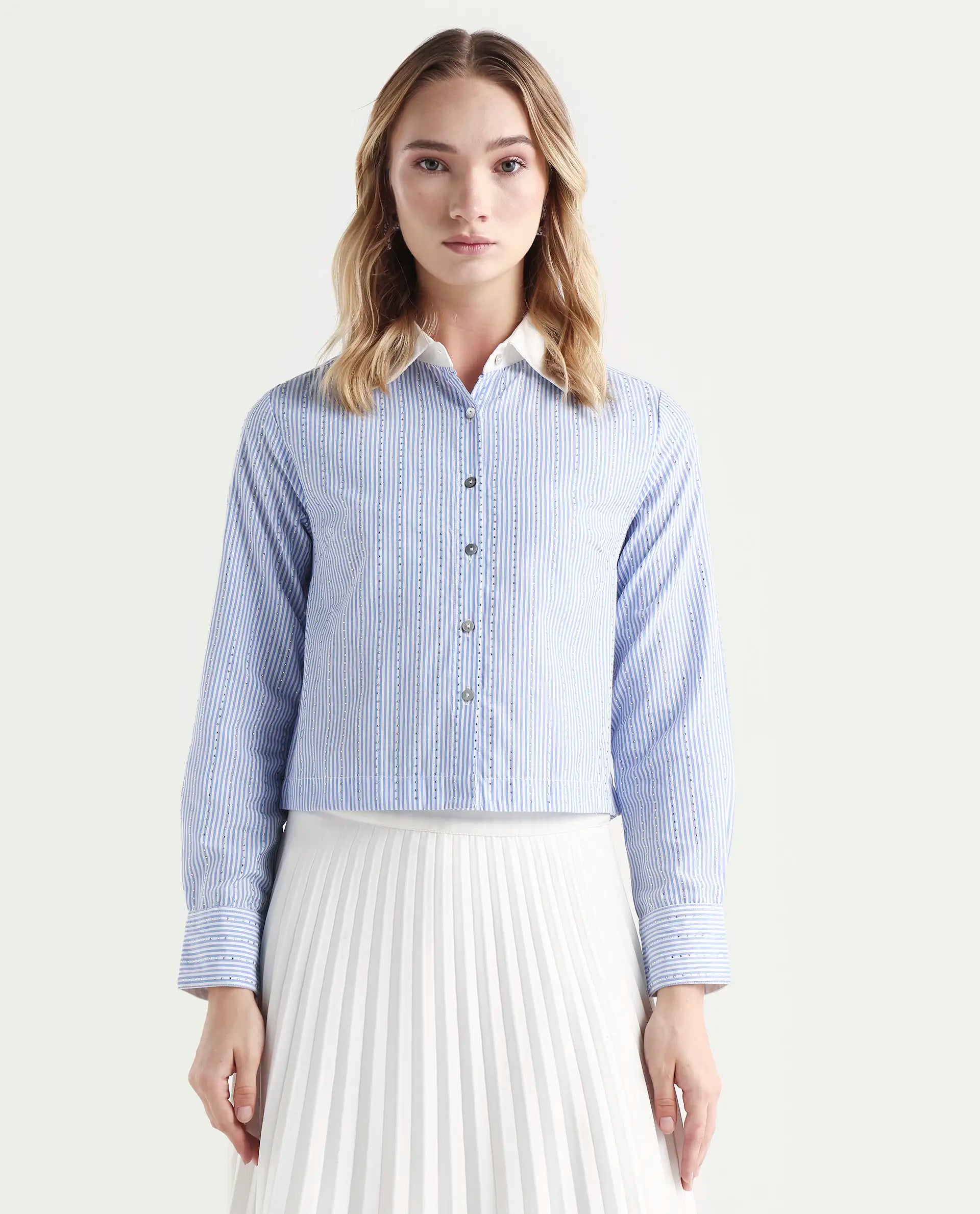 Rareism Women's Bharli Light Blue Cotton Spread Collar Striped Cuffed Sleeve Crop Regular Fit Shirt