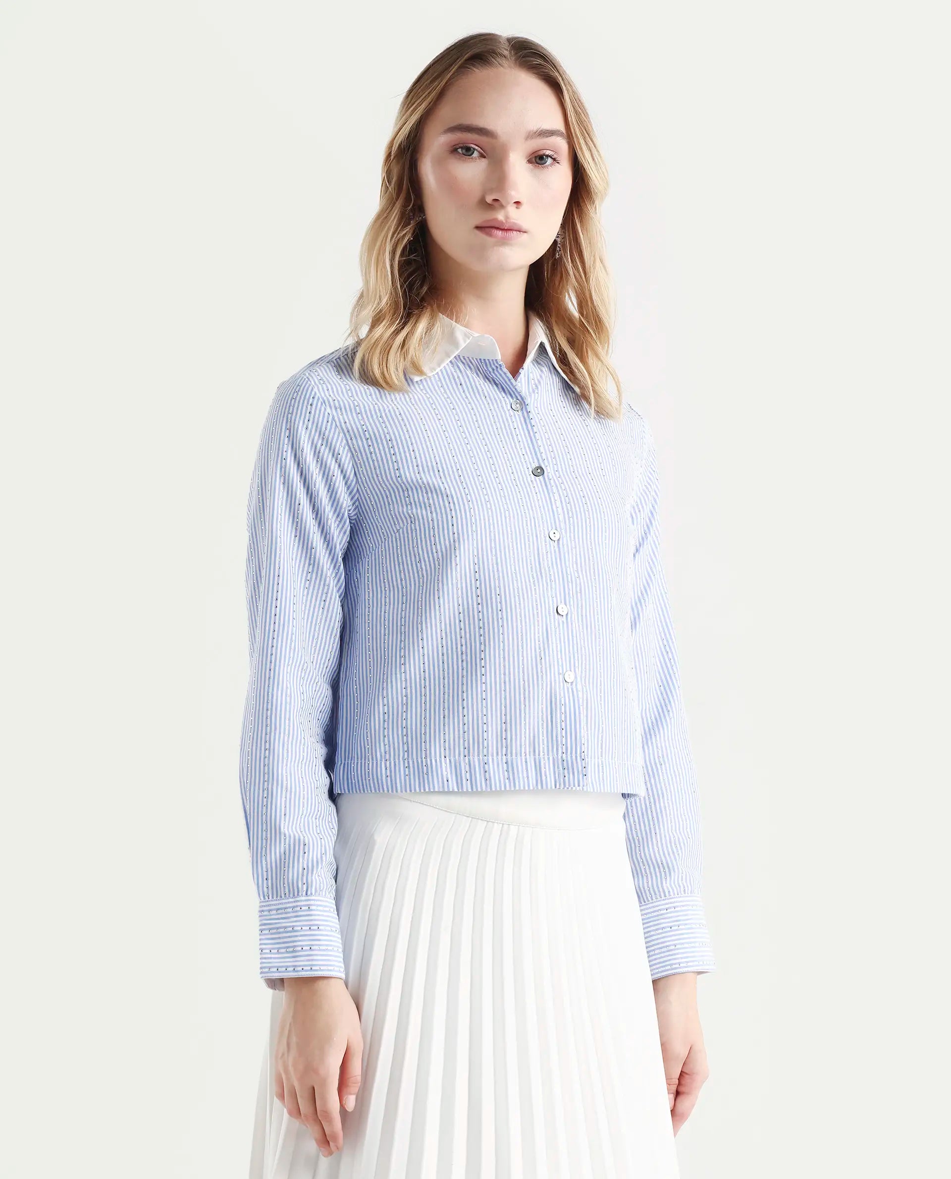 Rareism Women's Bharli Light Blue Cotton Spread Collar Striped Cuffed Sleeve Crop Regular Fit Shirt
