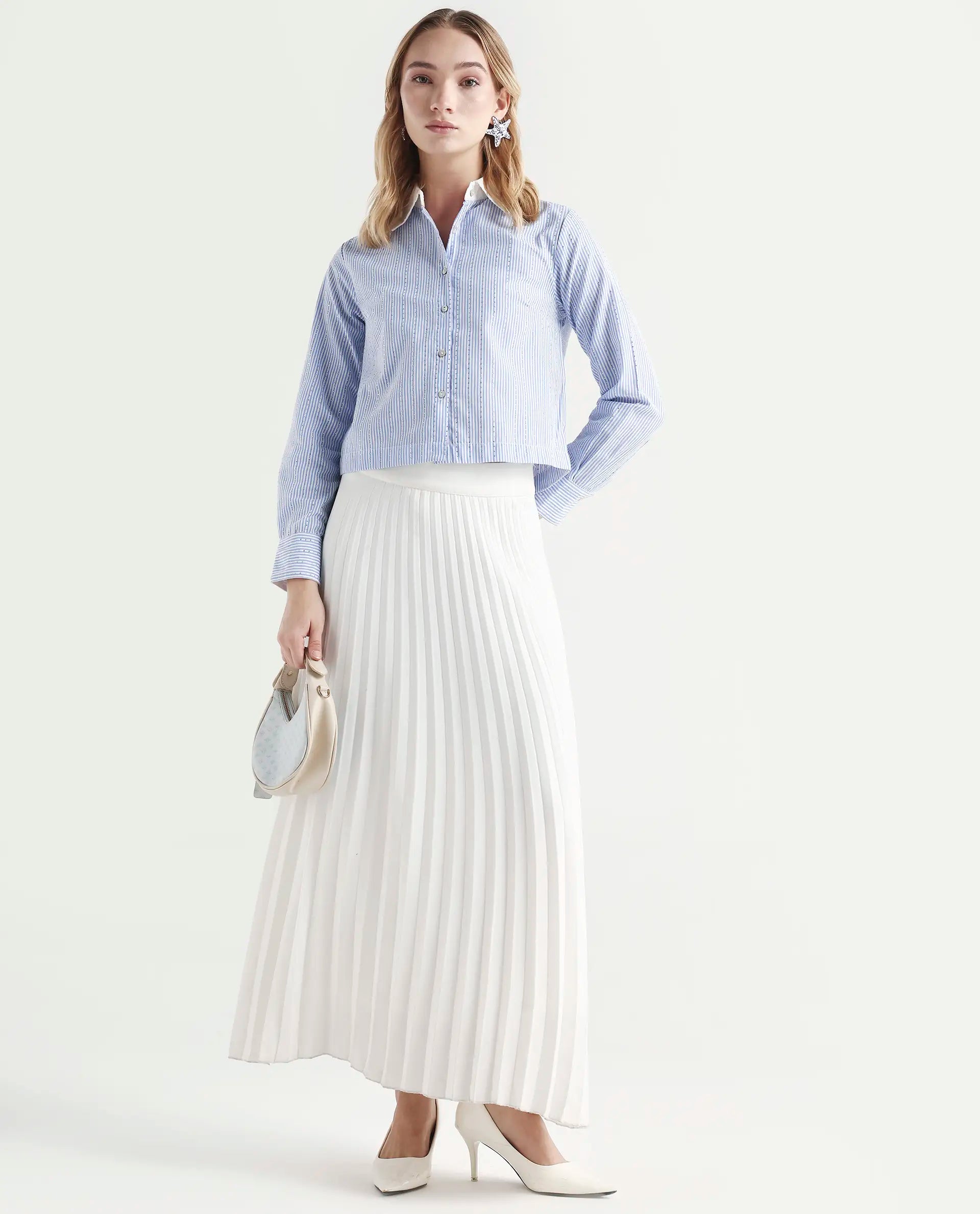 Rareism Women's Bharli Light Blue Cotton Spread Collar Striped Cuffed Sleeve Crop Regular Fit Shirt