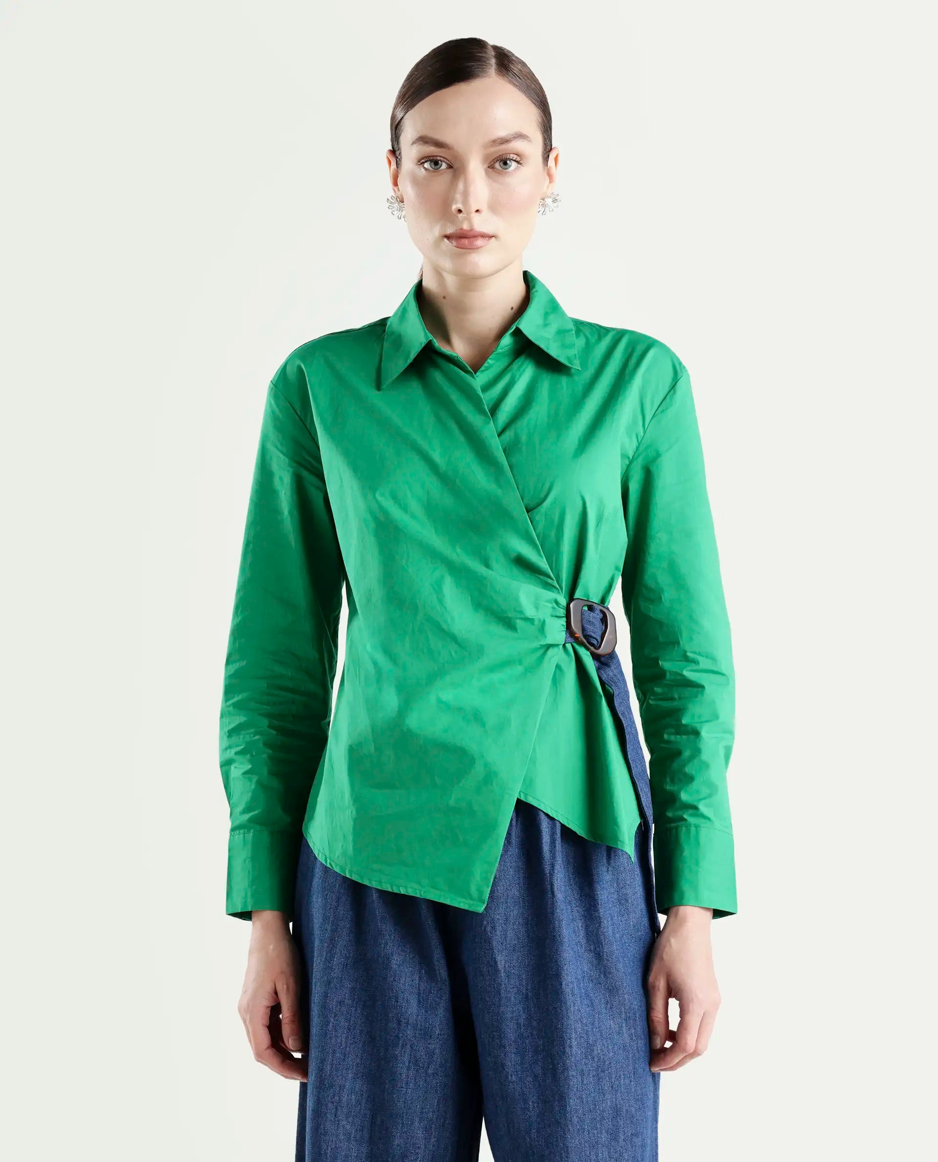 Rareism Women's Bhashio T Green Cotton Spread Collar Plain Cuffed Sleeve Relaxed Fit Shirt