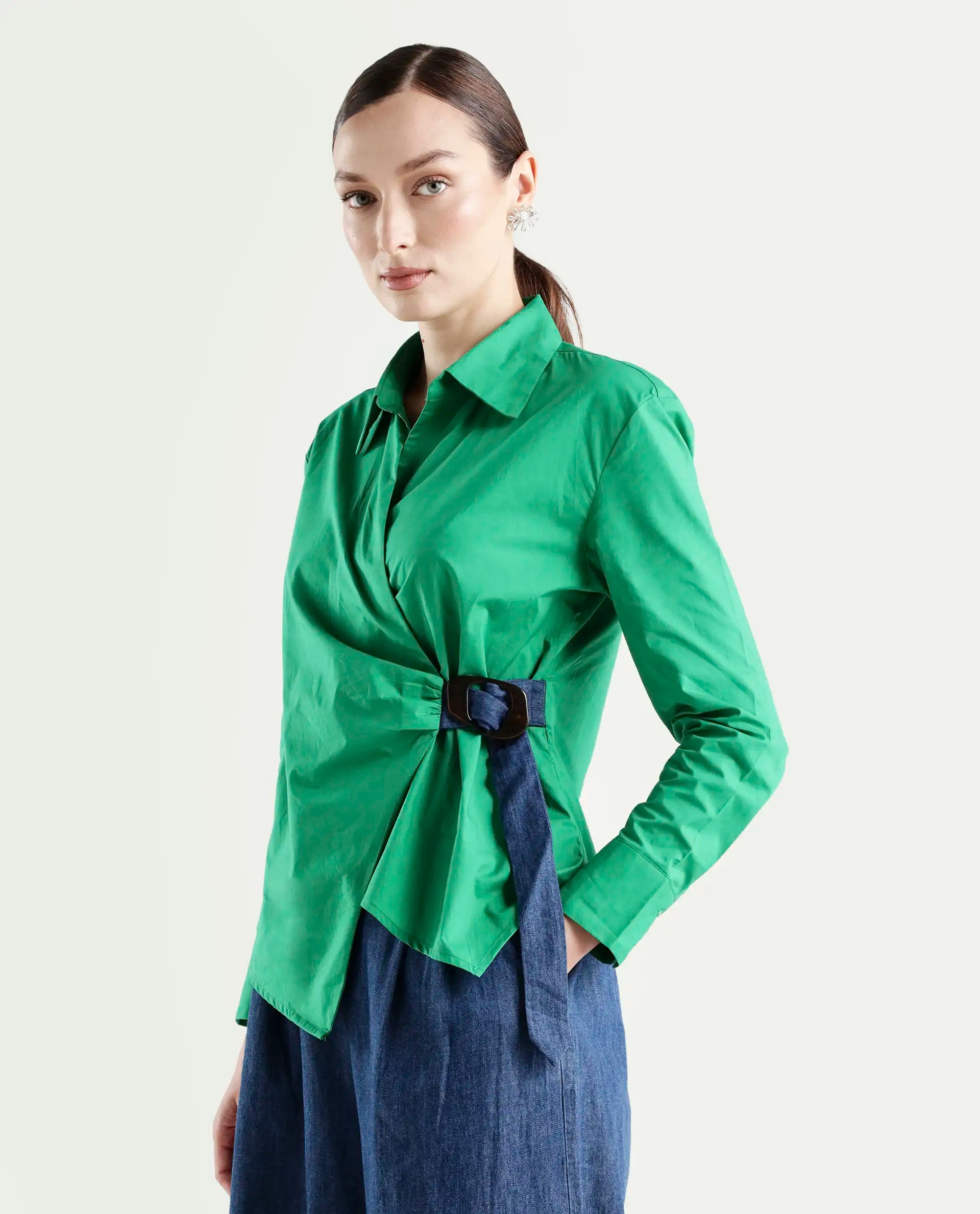 Rareism Women's Bhashio T Green Cotton Spread Collar Plain Cuffed Sleeve Relaxed Fit Shirt
