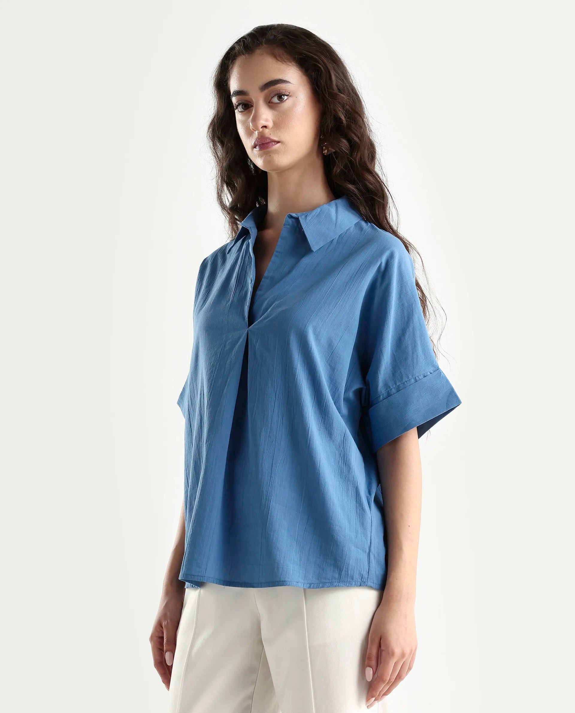 Rareism Women's Bhayas Blue Cotton Johnny Collar Plain Extended Sleeves Boxy Fit Top