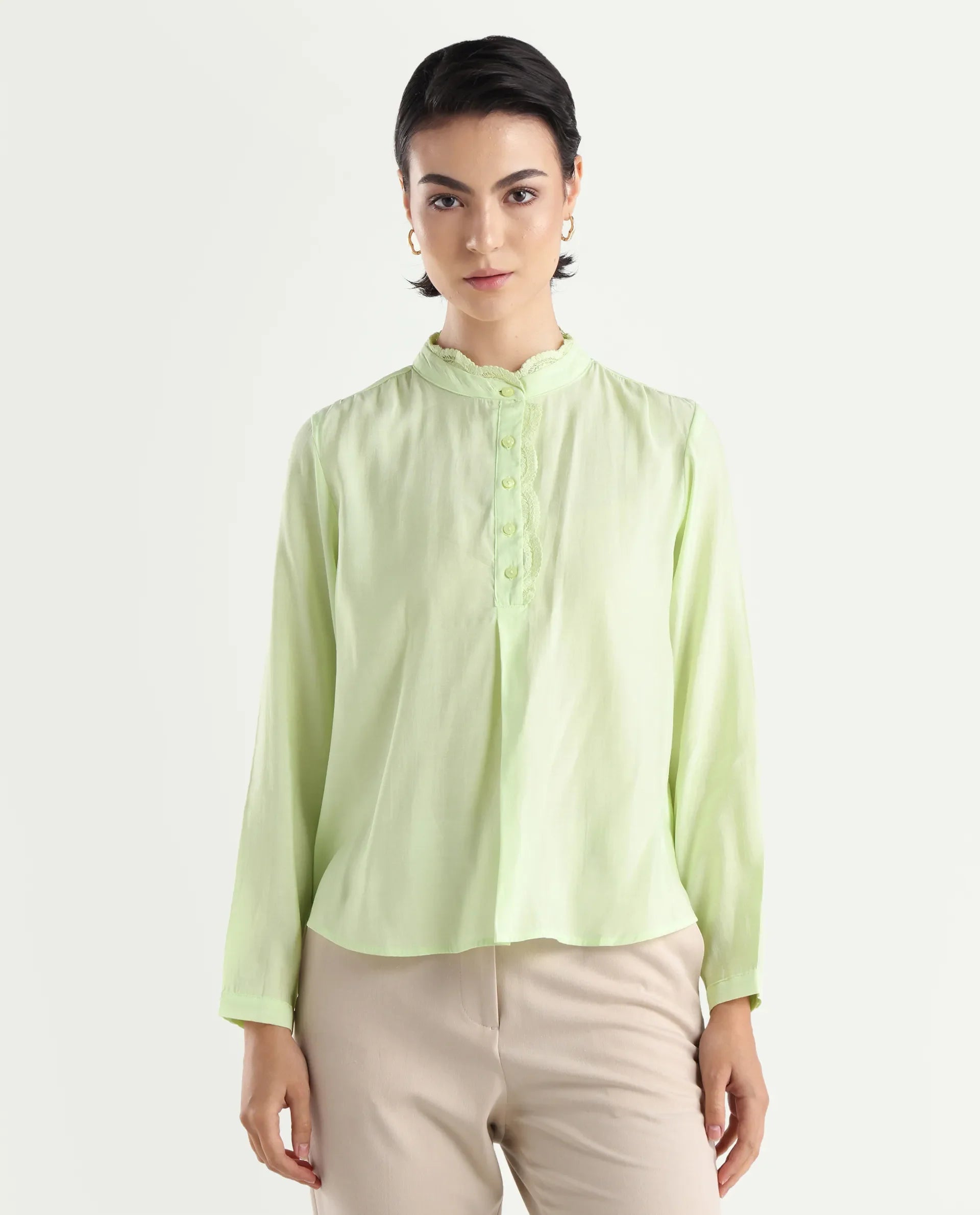Rareism Women's Prefeck Green Viscose Blend Mandarin Collar Plain Cuffed Sleeve Regular Fit Top