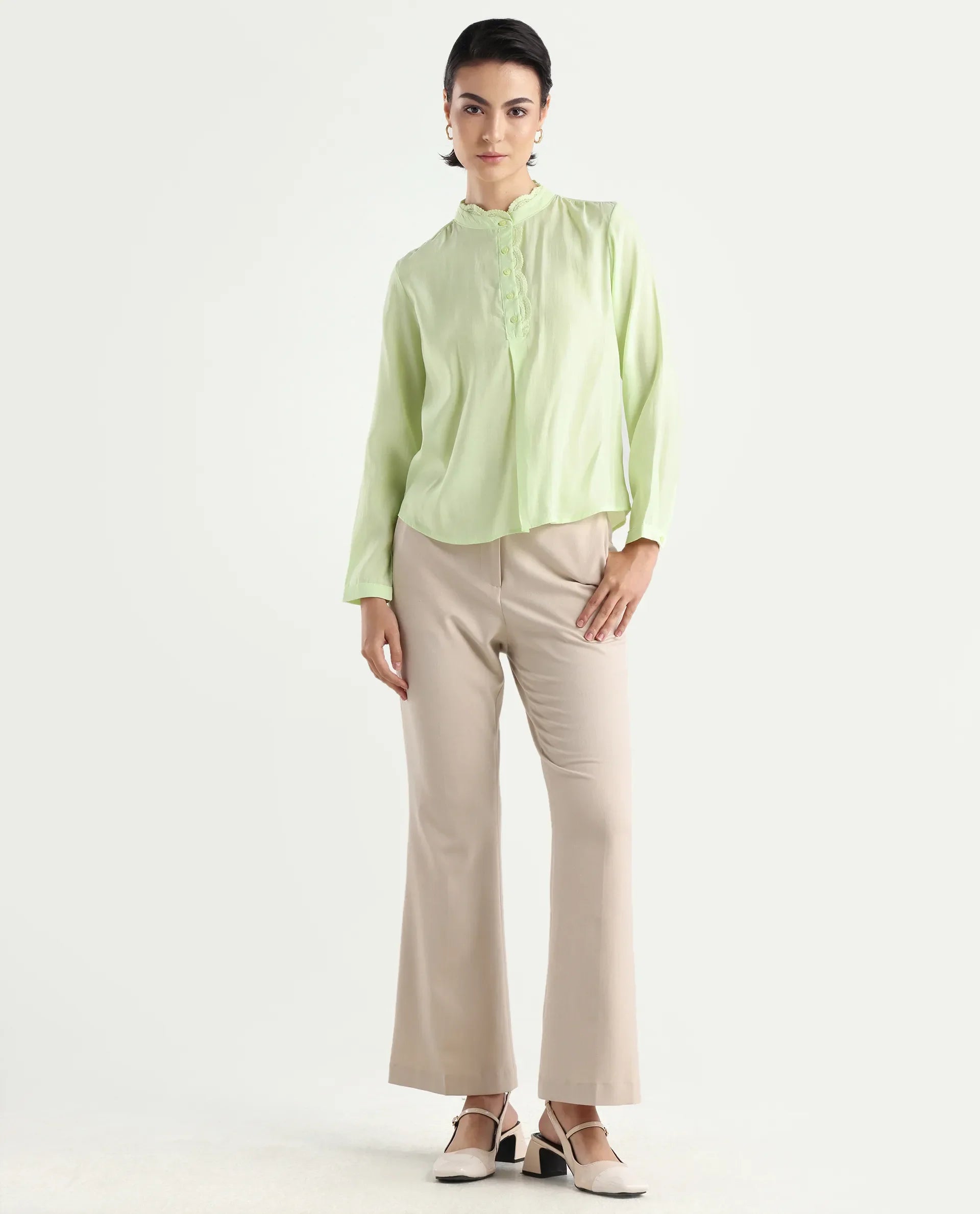 Rareism Women's Prefeck Green Viscose Blend Mandarin Collar Plain Cuffed Sleeve Regular Fit Top