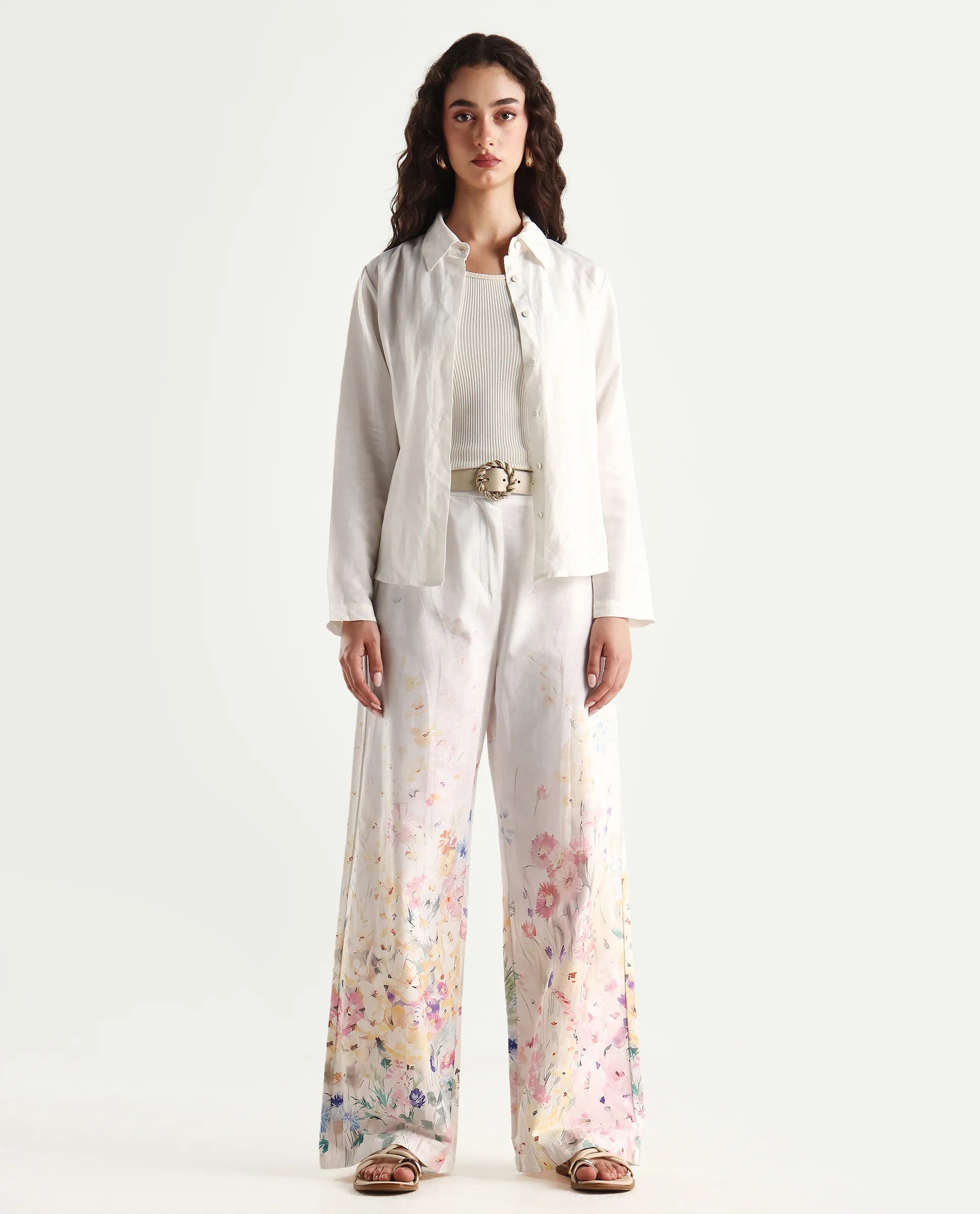 Rareism Women's Prejino White Cotton Floral Print Ankle Length Straight Fit Trouser