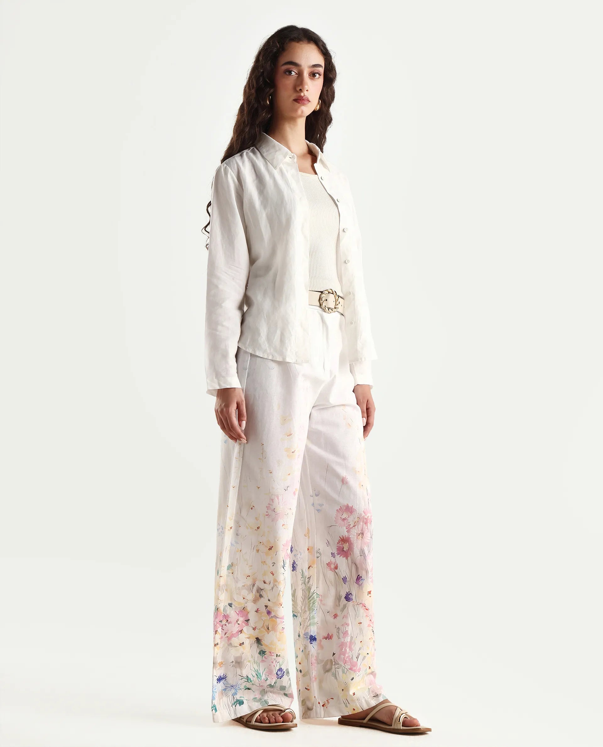 Rareism Women's Prejino White Cotton Floral Print Ankle Length Straight Fit Trouser