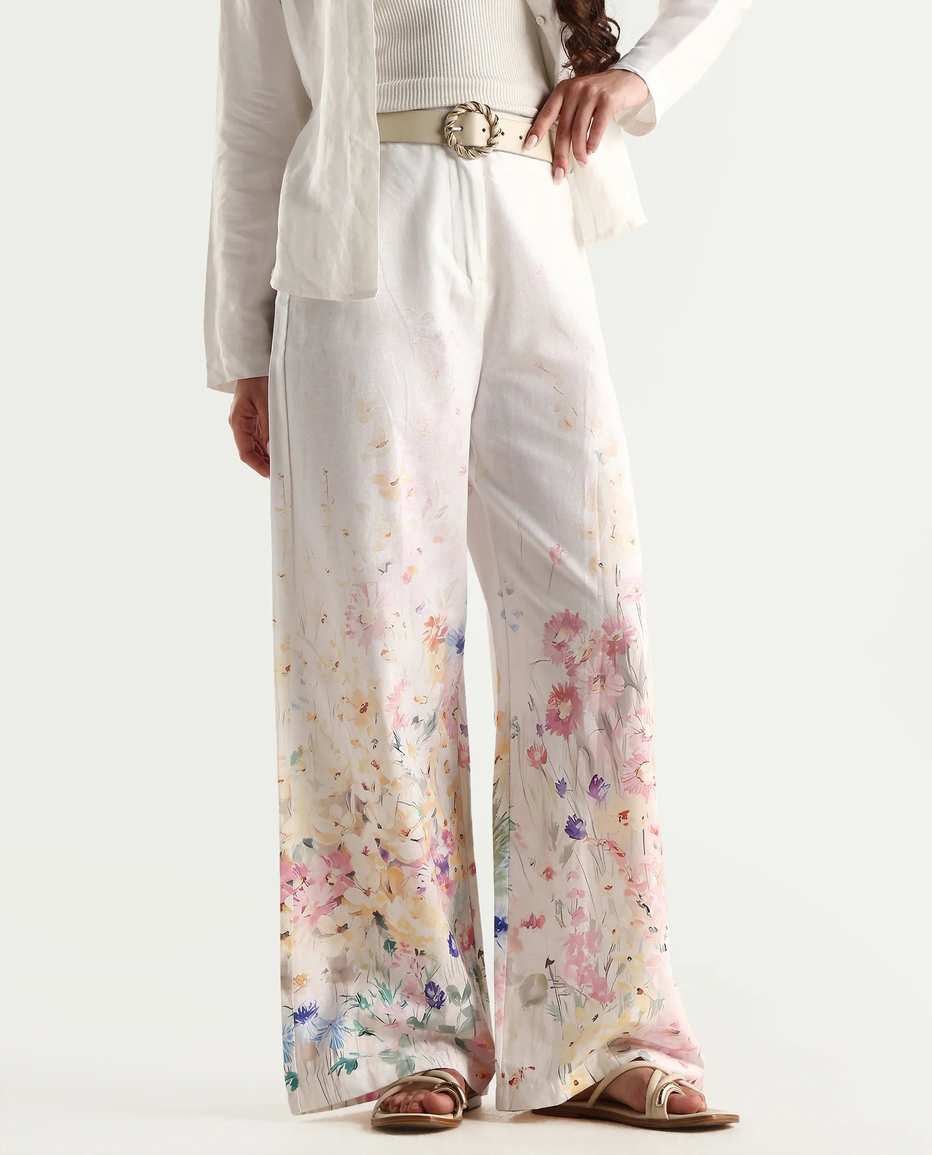 Rareism Women's Prejino White Cotton Floral Print Ankle Length Straight Fit Trouser