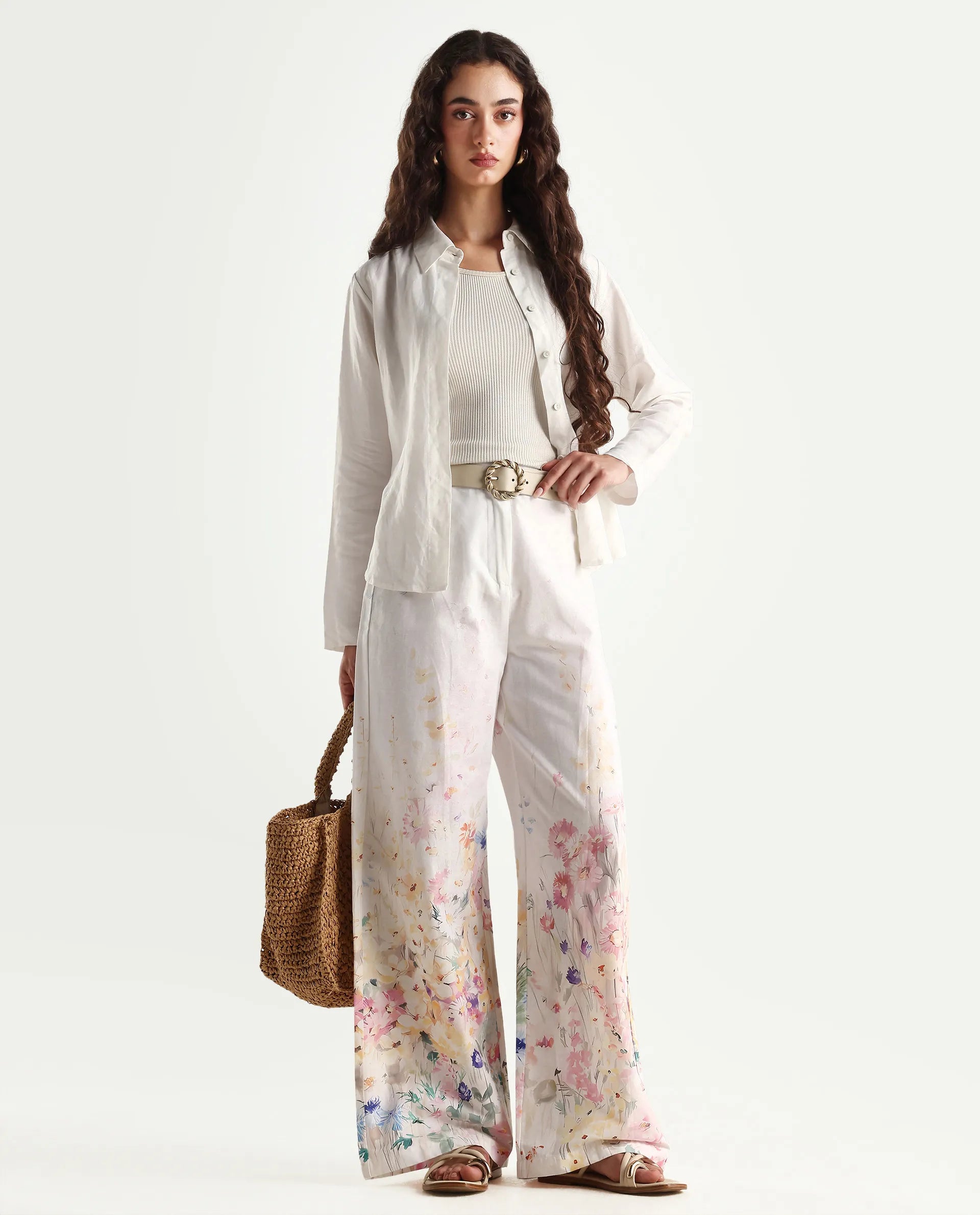 Rareism Women's Prejino White Cotton Floral Print Ankle Length Straight Fit Trouser