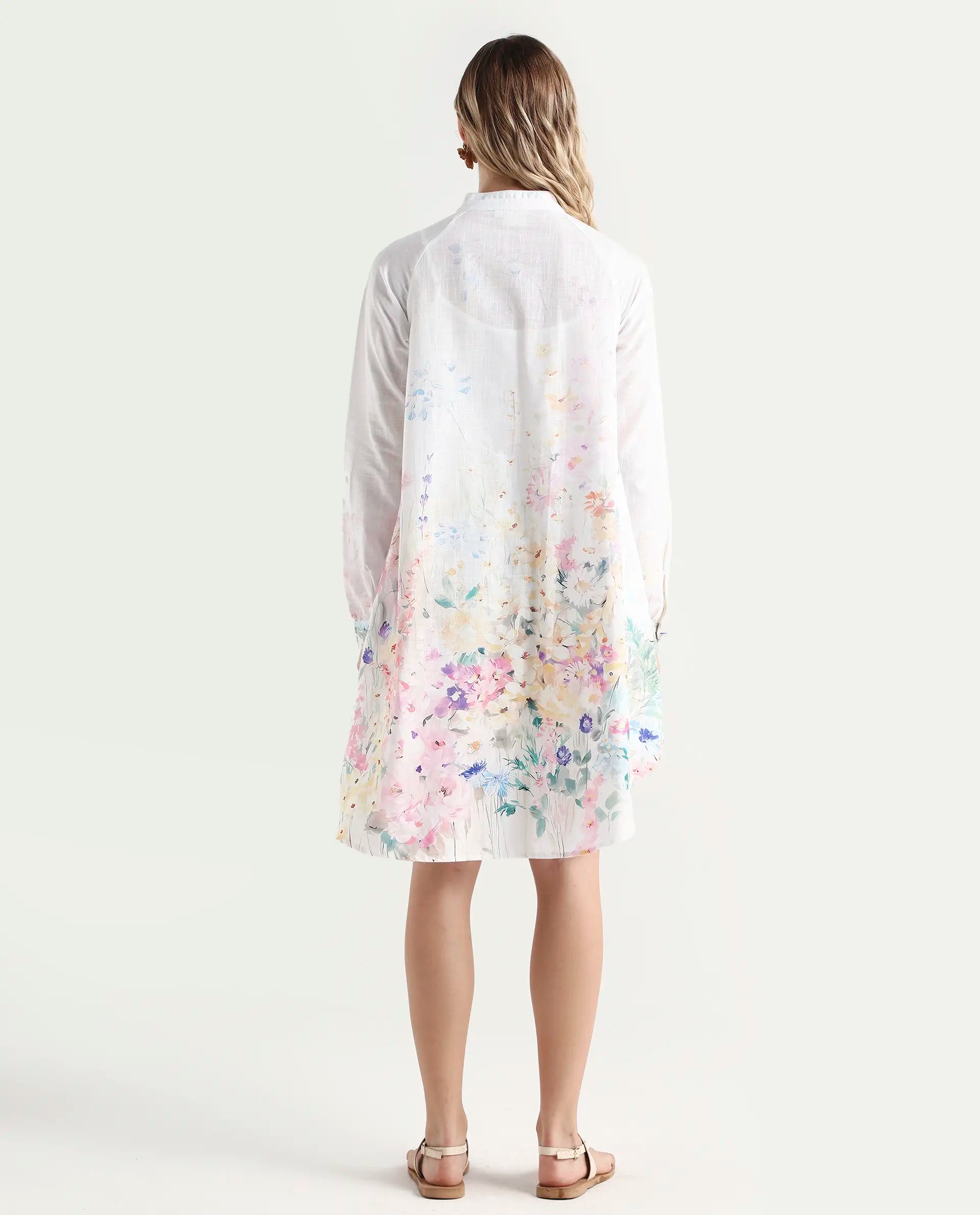 Rareism Women's Prekli Multi Cotton Mandarin Collar Floral Print Extended Sleeves Mini Flared Dress