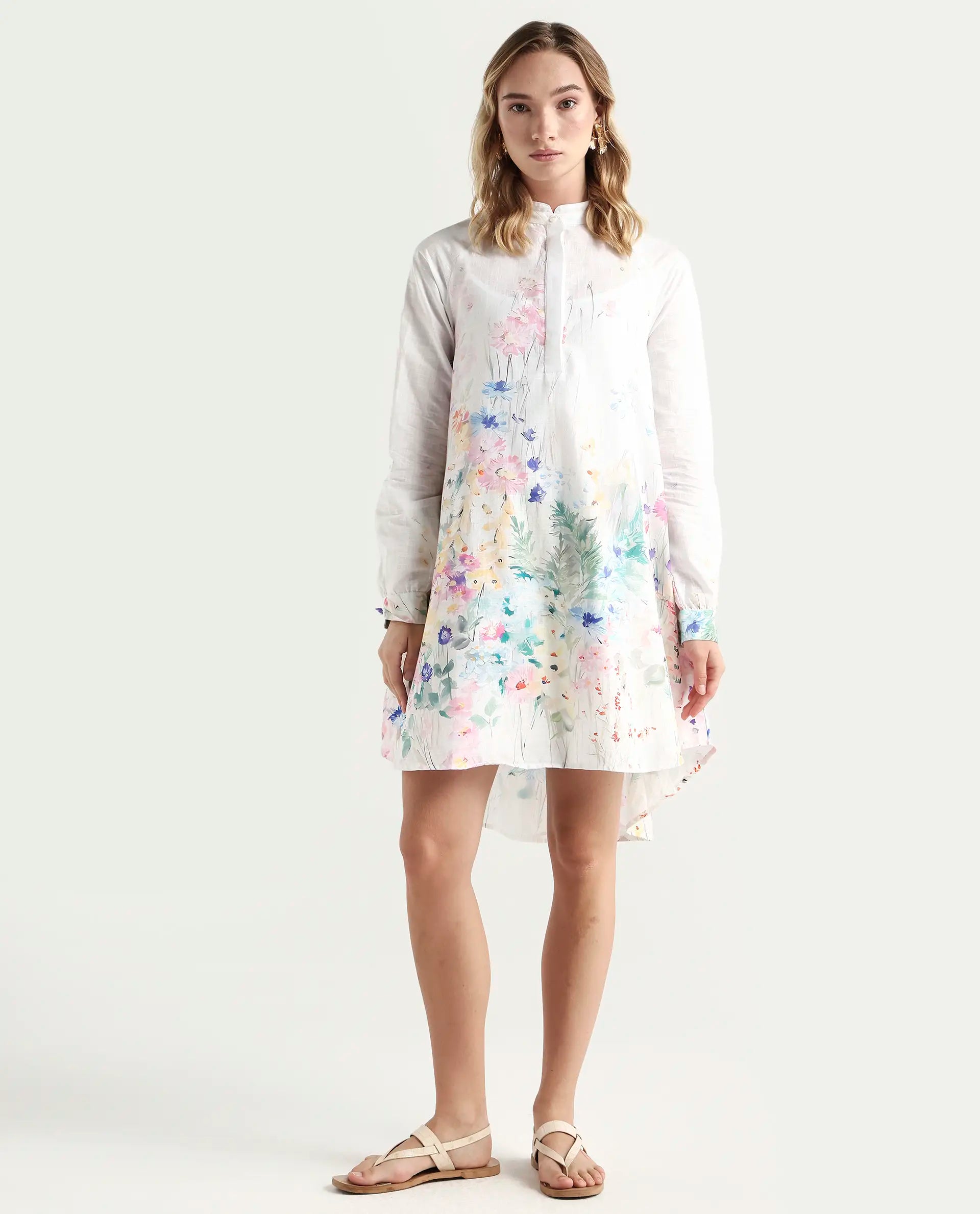 Rareism Women's Prekli Multi Cotton Mandarin Collar Floral Print Extended Sleeves Mini Flared Dress