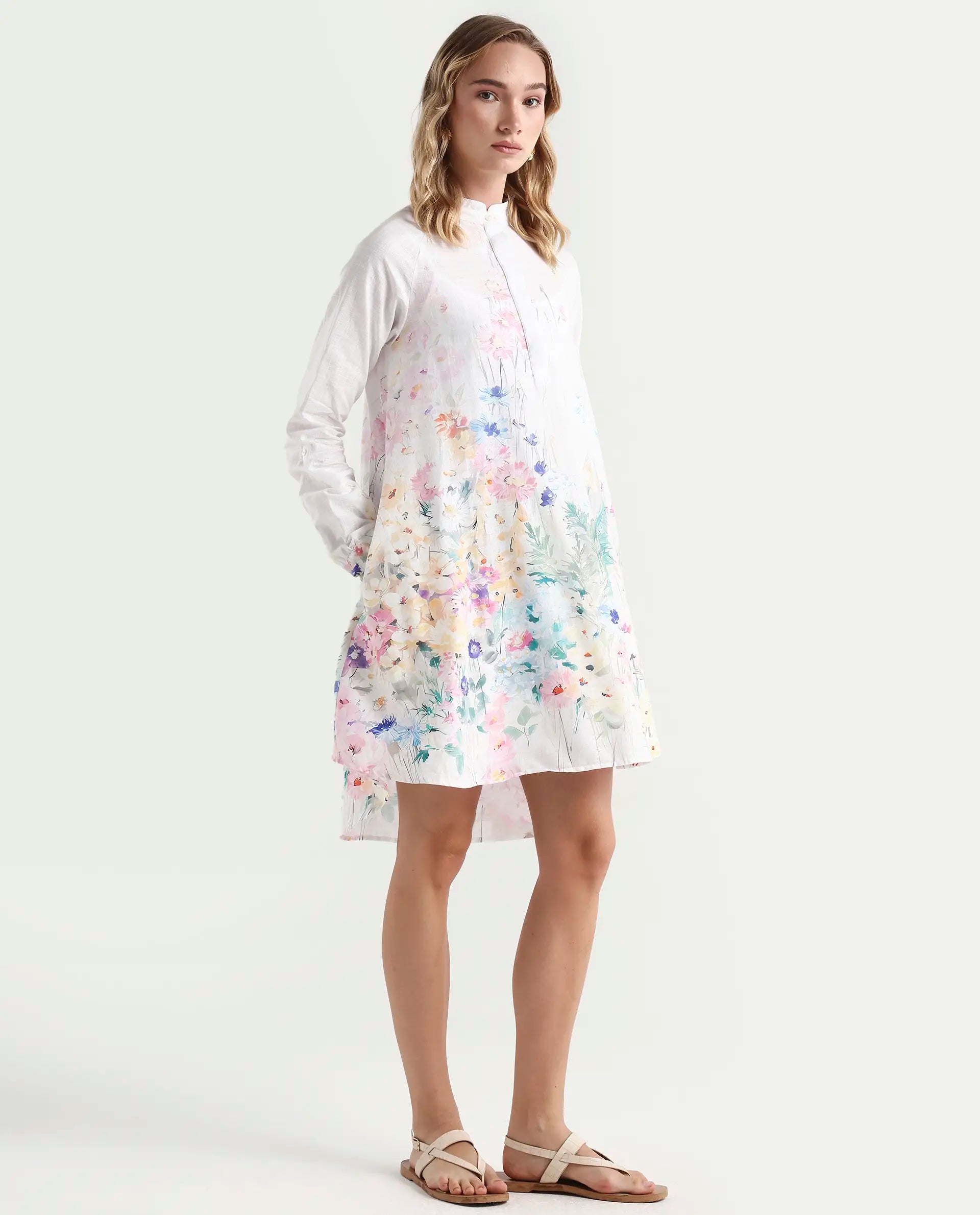 Rareism Women's Prekli Multi Cotton Mandarin Collar Floral Print Extended Sleeves Mini Flared Dress