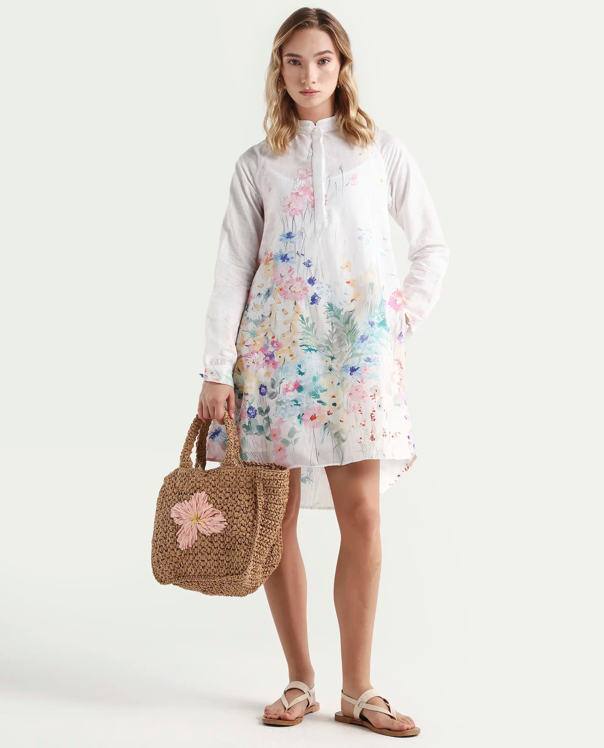 Rareism Women's Prekli Multi Cotton Mandarin Collar Floral Print Extended Sleeves Mini Flared Dress