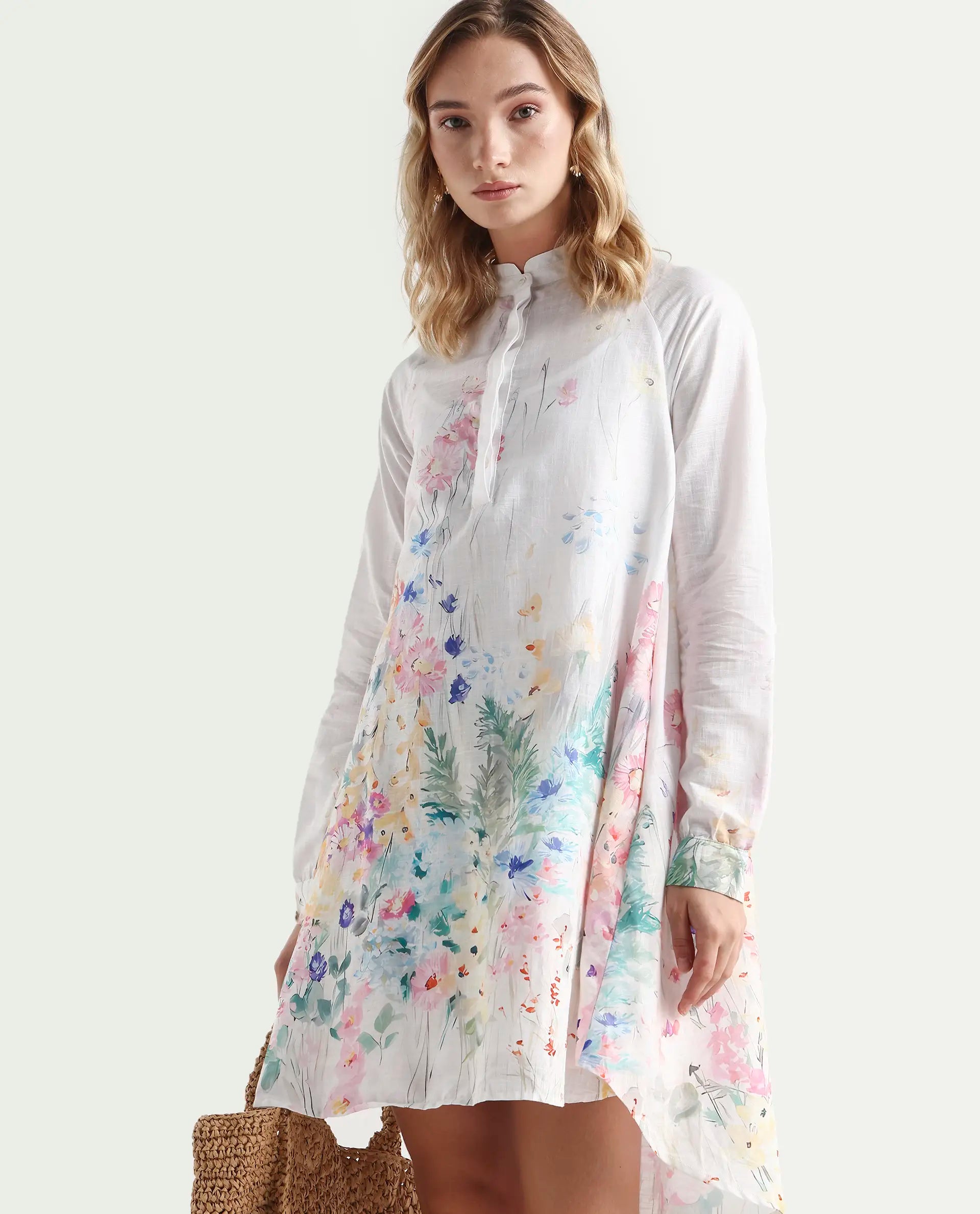 Rareism Women's Prekli Multi Cotton Mandarin Collar Floral Print Extended Sleeves Mini Flared Dress