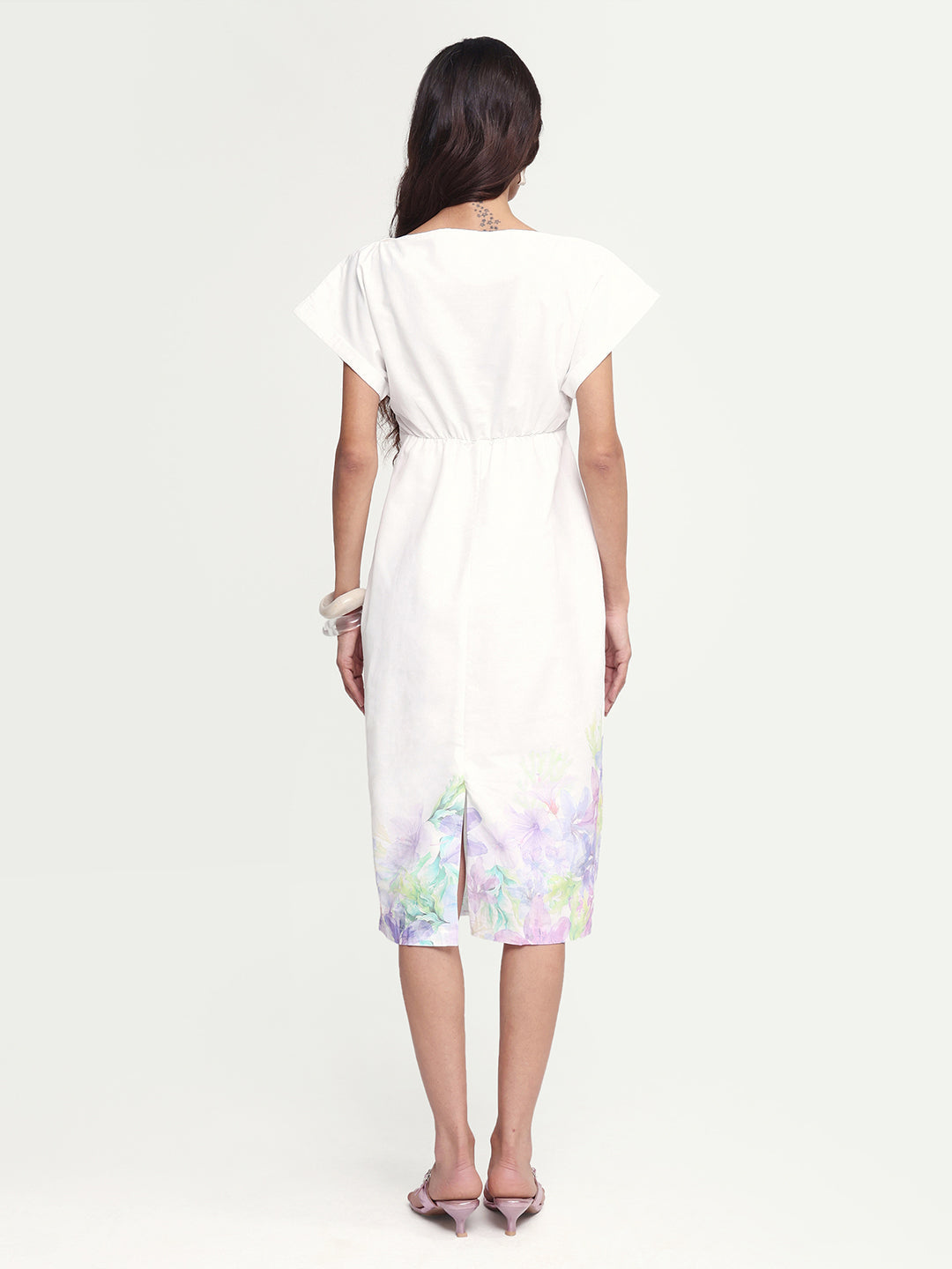 Rareism Women's Prelor White Cotton Boat Neck Floral Print Extended Sleeves Midi Straight Fit Dress