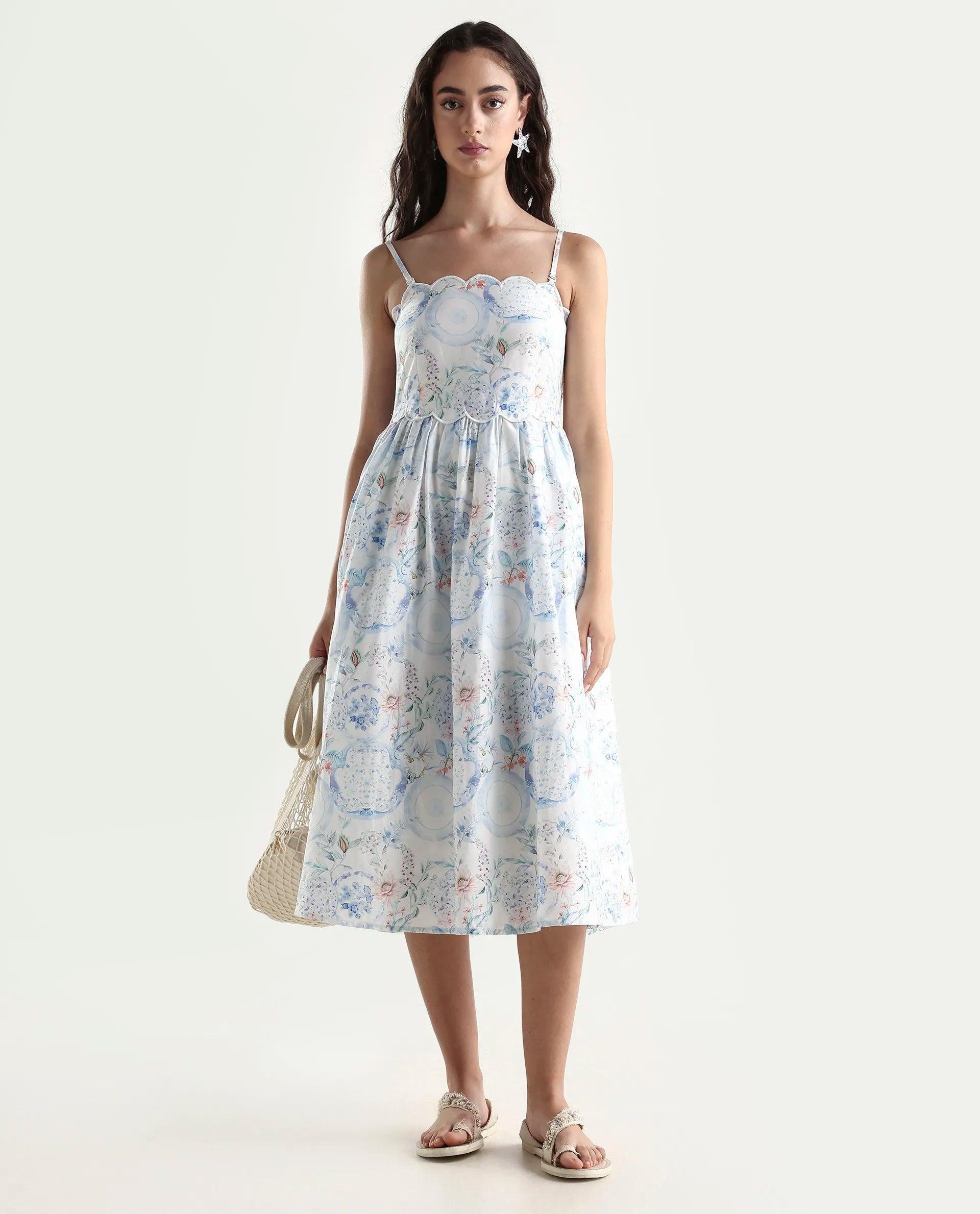 Rareism Women's Prenup Multi Cotton Tube Neck Abstract Print Sleeveless Midi Fit And Flare Dress