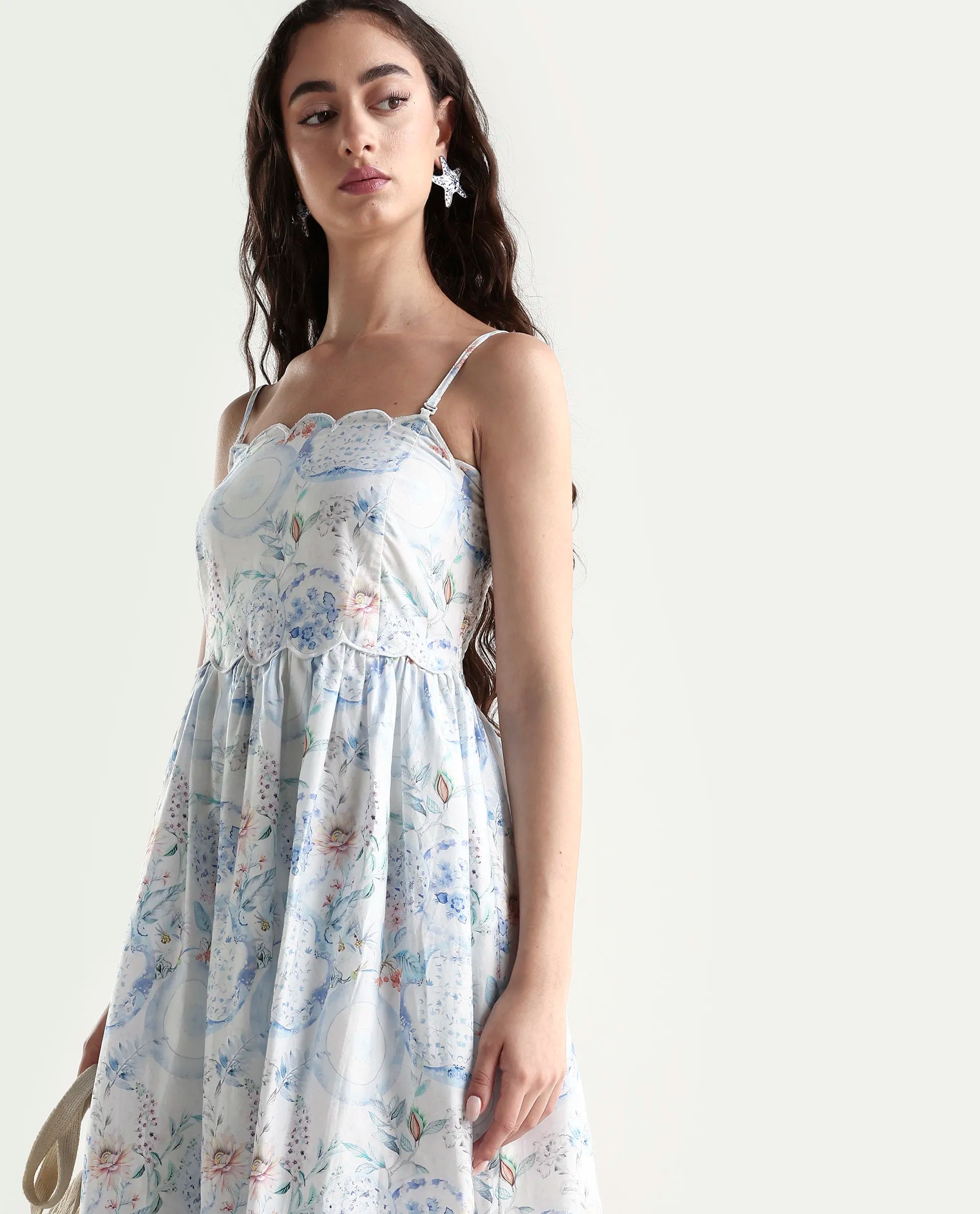 Rareism Women's Prenup Multi Cotton Tube Neck Abstract Print Sleeveless Midi Fit And Flare Dress