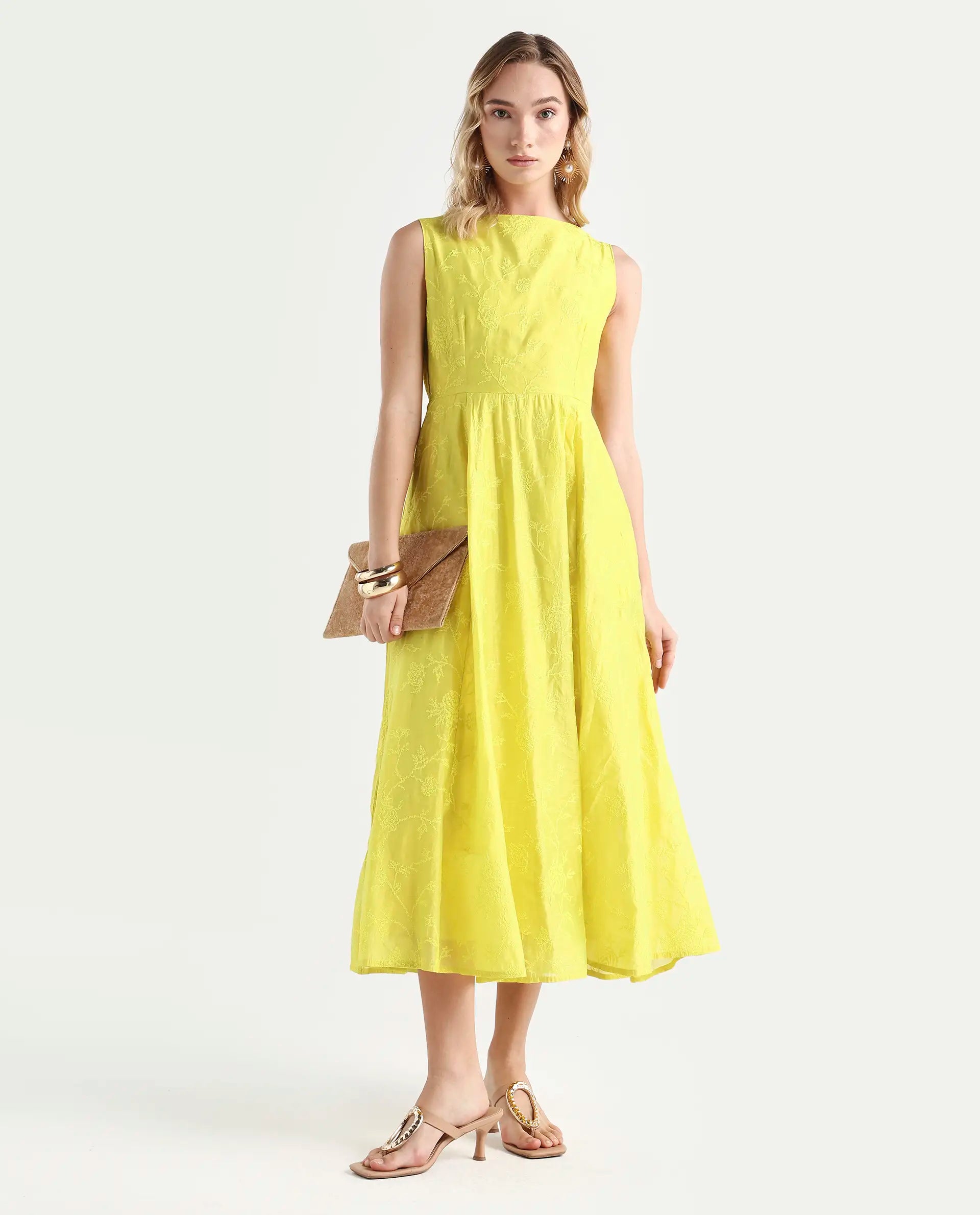 Rareism Women's Prero Green Viscose Blend Boat Neck Plain Sleeveless Midi A-Line Dress