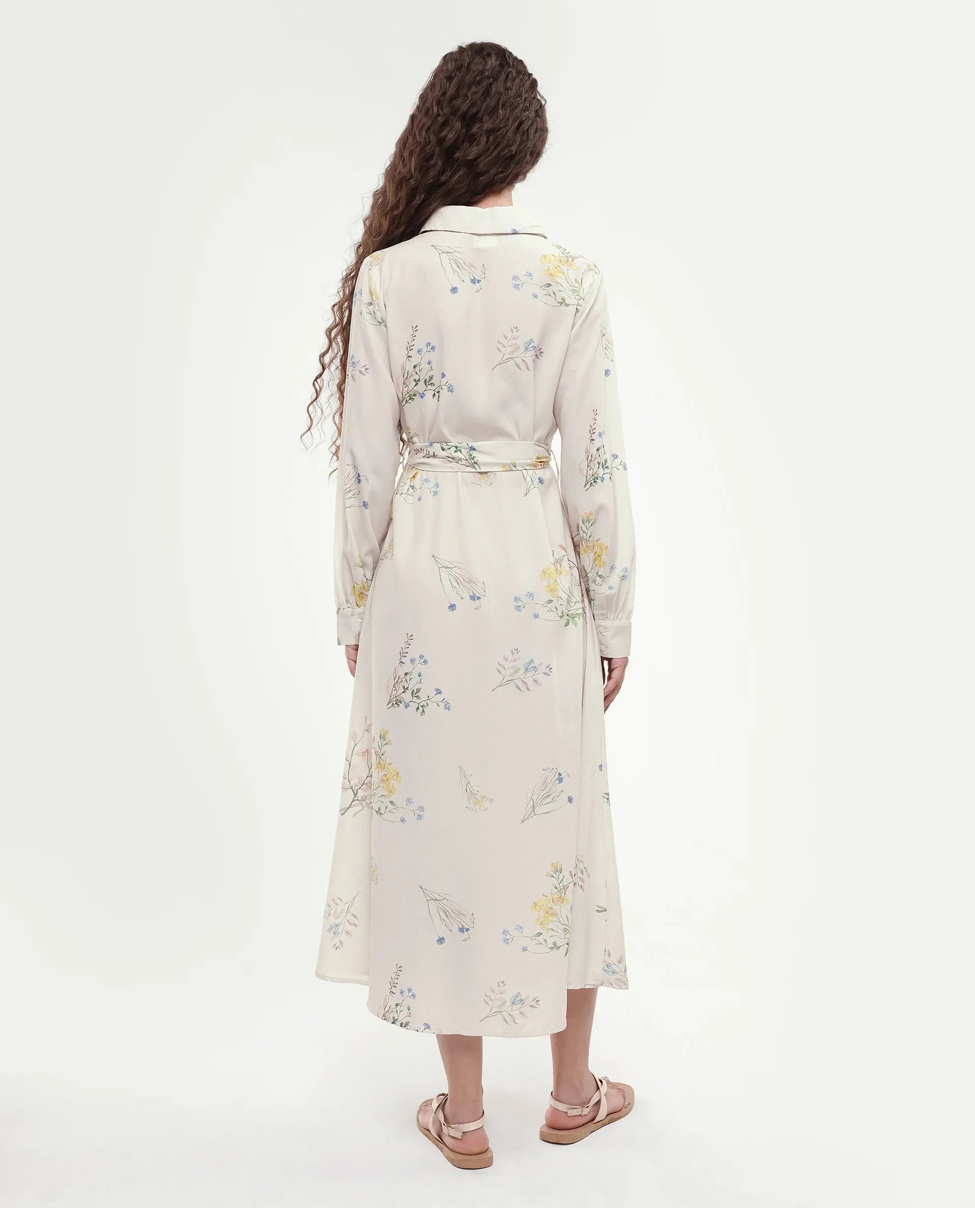 Rareism Women's Presho Multi Polyester Overlap Neck Floral Print Bishop Sleeve Maxi Fit And Flare Dress