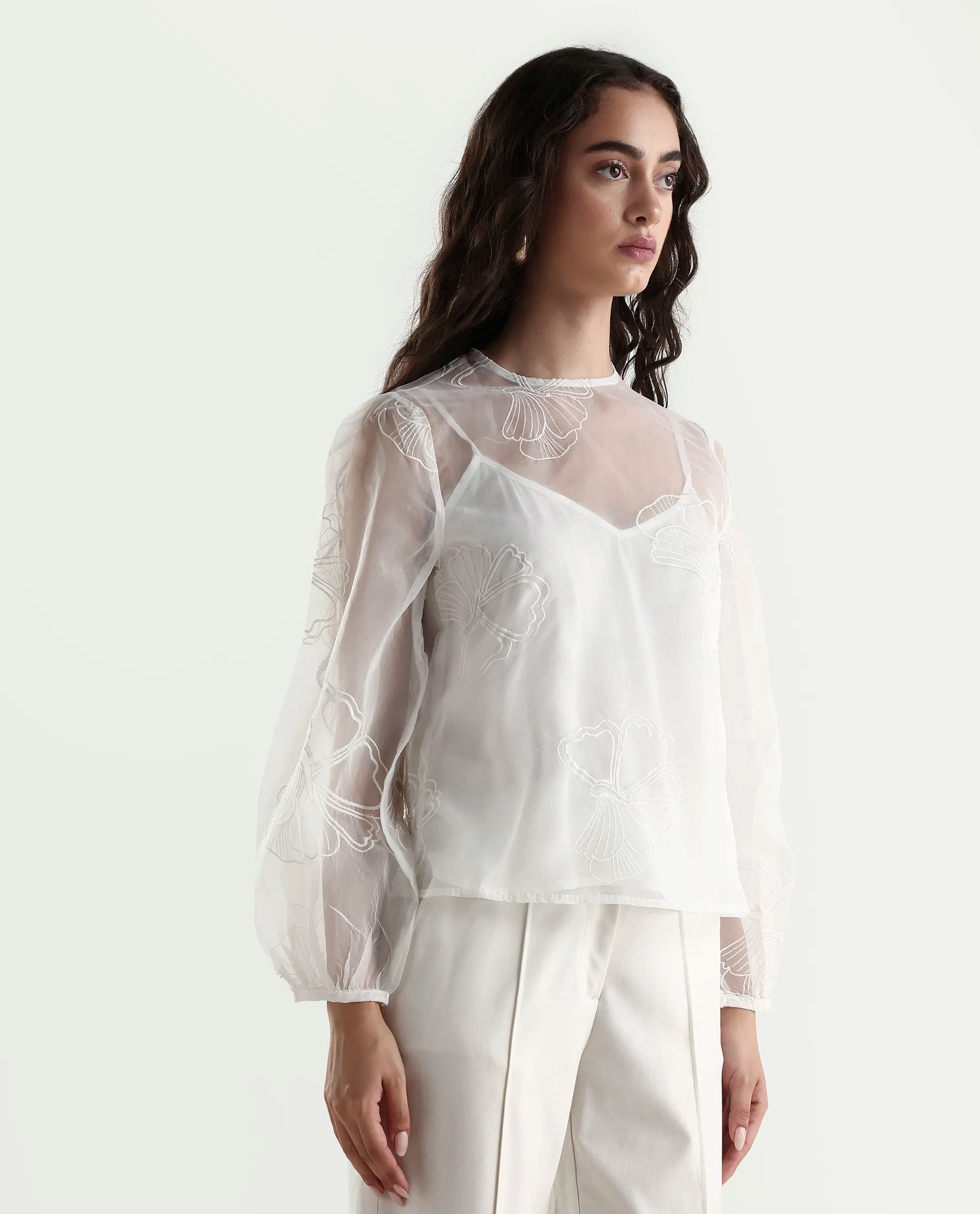 Rareism Women's Prevan White Polyester Round Neck Plain Bishop Sleeve Regular Fit Top