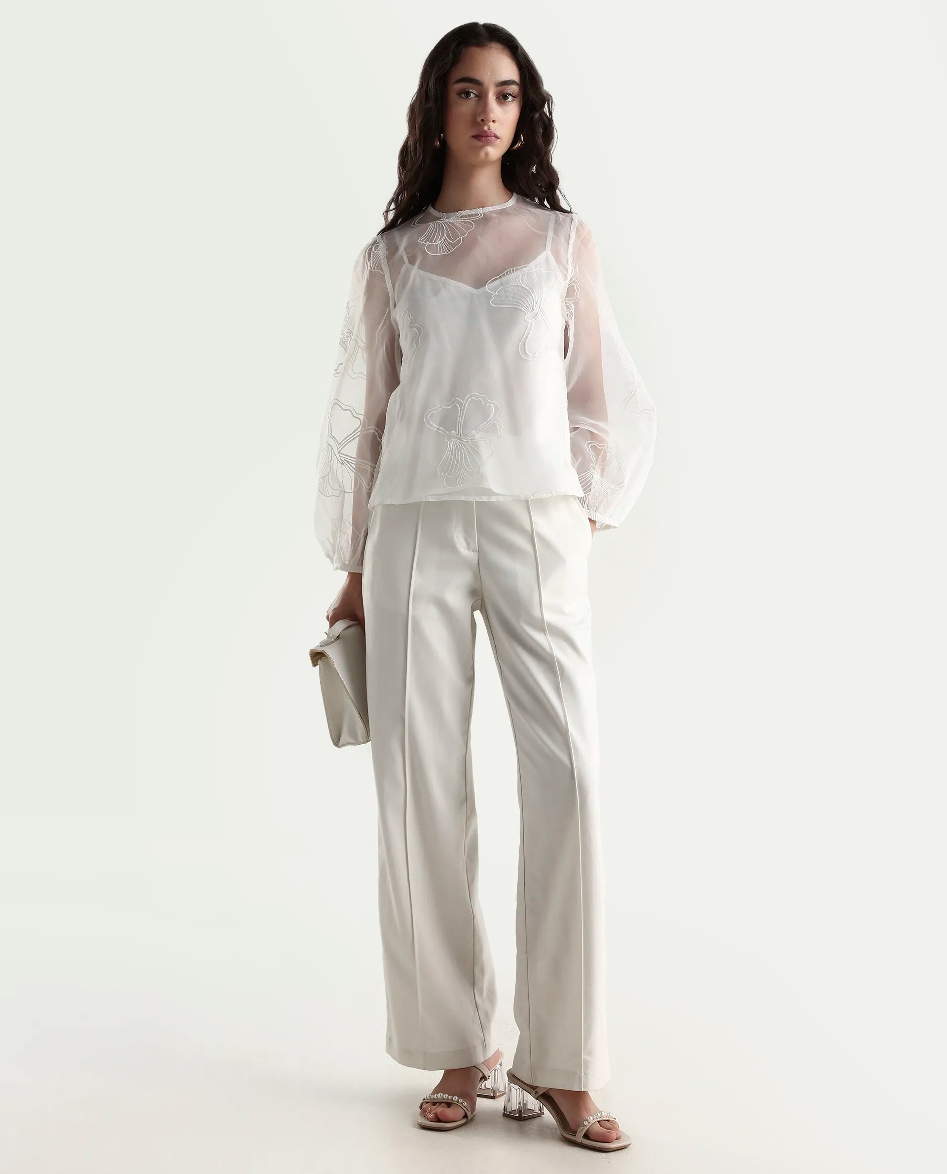 Rareism Women's Prevan White Polyester Round Neck Plain Bishop Sleeve Regular Fit Top