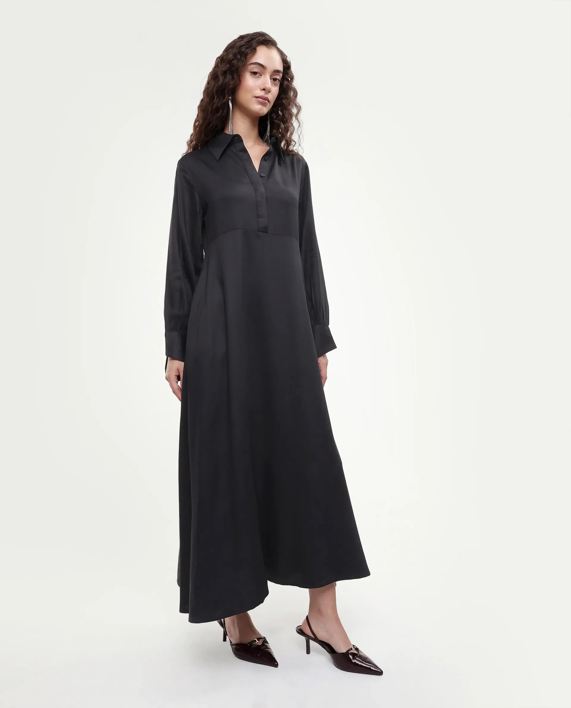 Rareism Women's Ane Black Viscose Full Sleeve Spread Collar Fit And Flare Dress