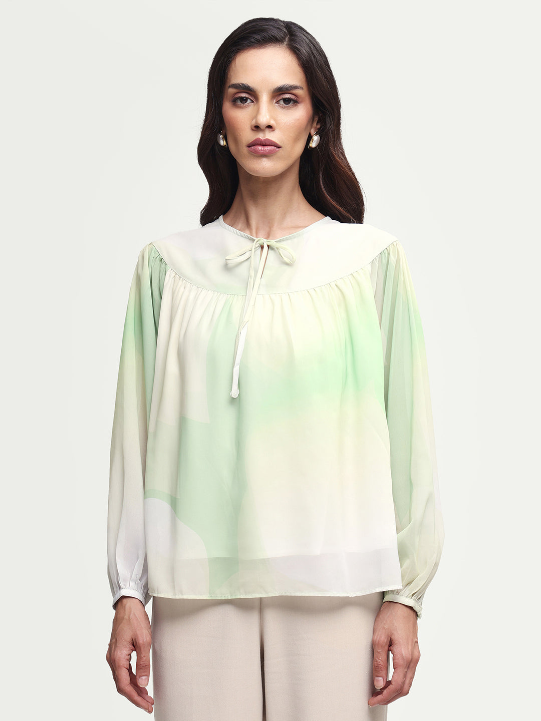 Rareism Women's Cotton Blend Crew Neck Abstract Print Balloon Sleeve Relaxed Fit Top