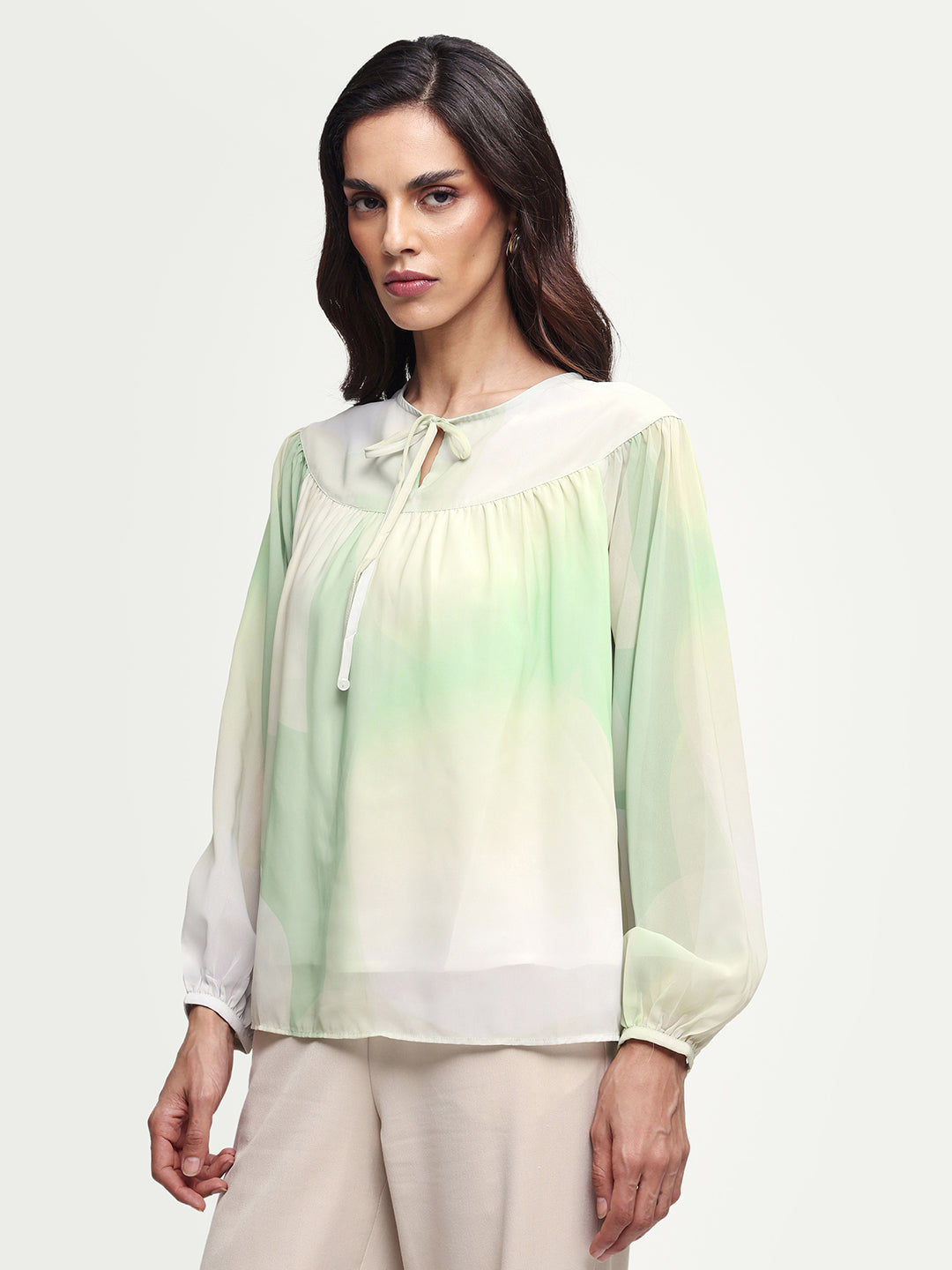 Rareism Women's Cotton Blend Crew Neck Abstract Print Balloon Sleeve Relaxed Fit Top