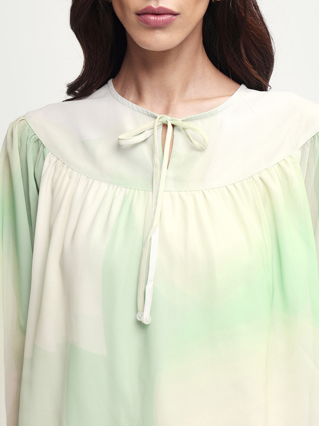 Rareism Women's Cotton Blend Crew Neck Abstract Print Balloon Sleeve Relaxed Fit Top