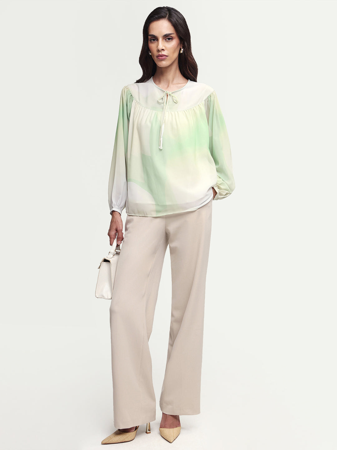 Rareism Women's Cotton Blend Crew Neck Abstract Print Balloon Sleeve Relaxed Fit Top