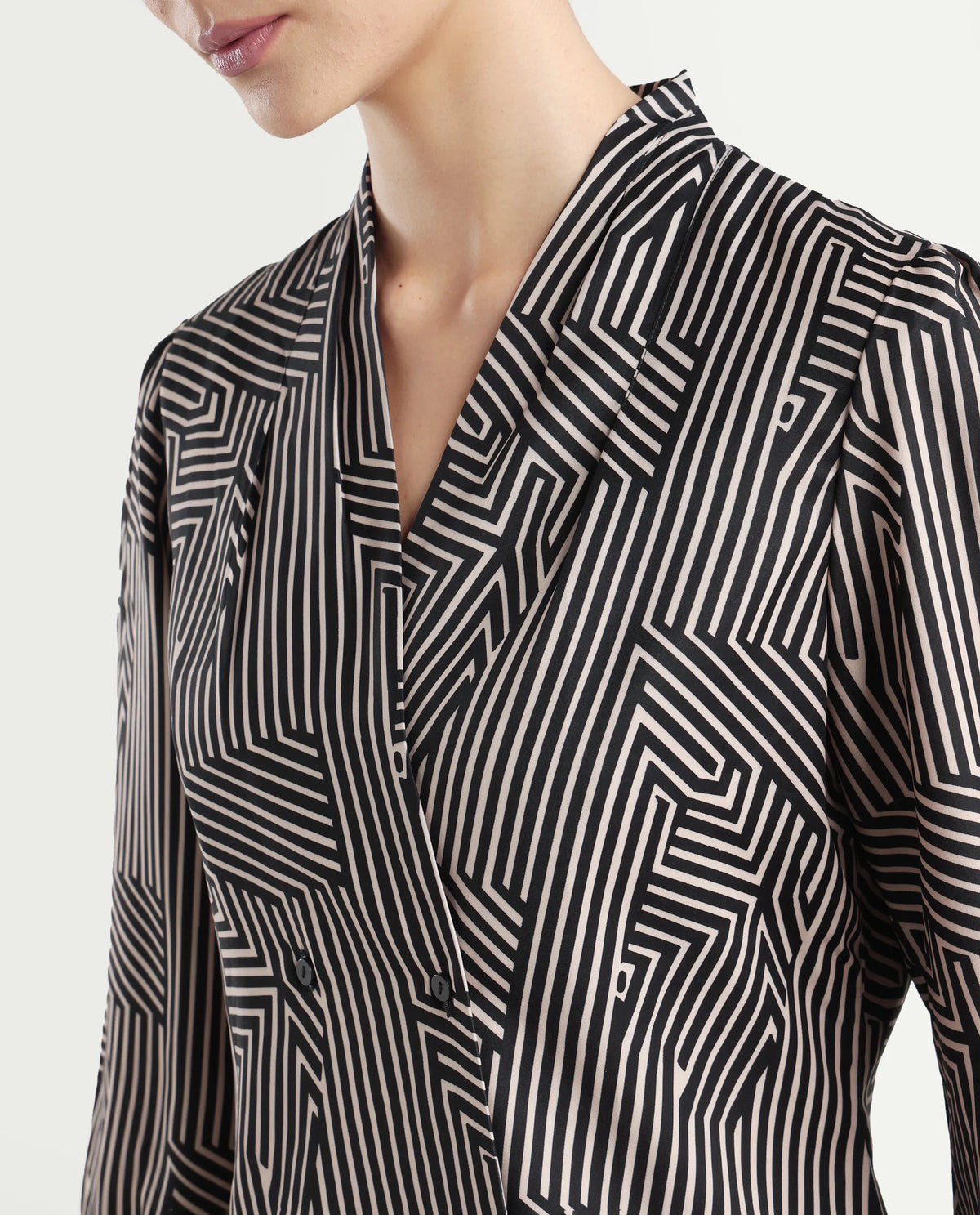 Rareism Women's Alie Black Satin Overlap Neck Geometric Print Bishop Sleeve Regular Fit Top