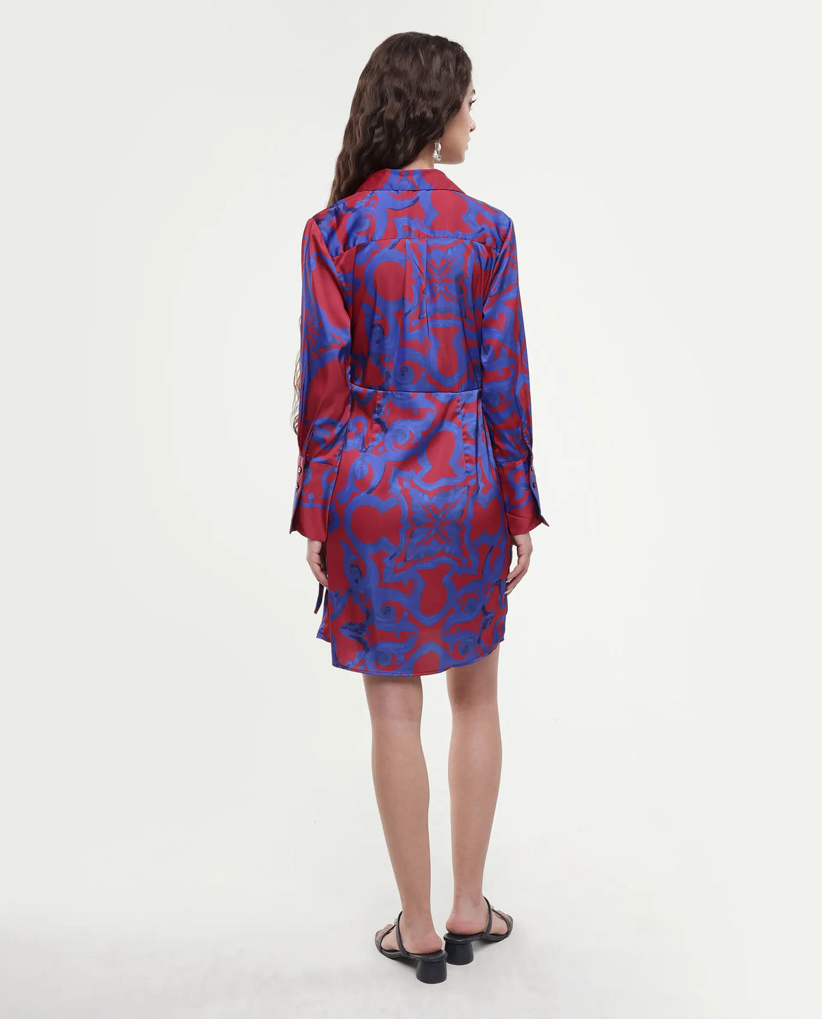 Rareism Women's Cager Red Polyester Blend Drop Collar Abstract Print Cuffed Sleeve Mini Wrap Dress
