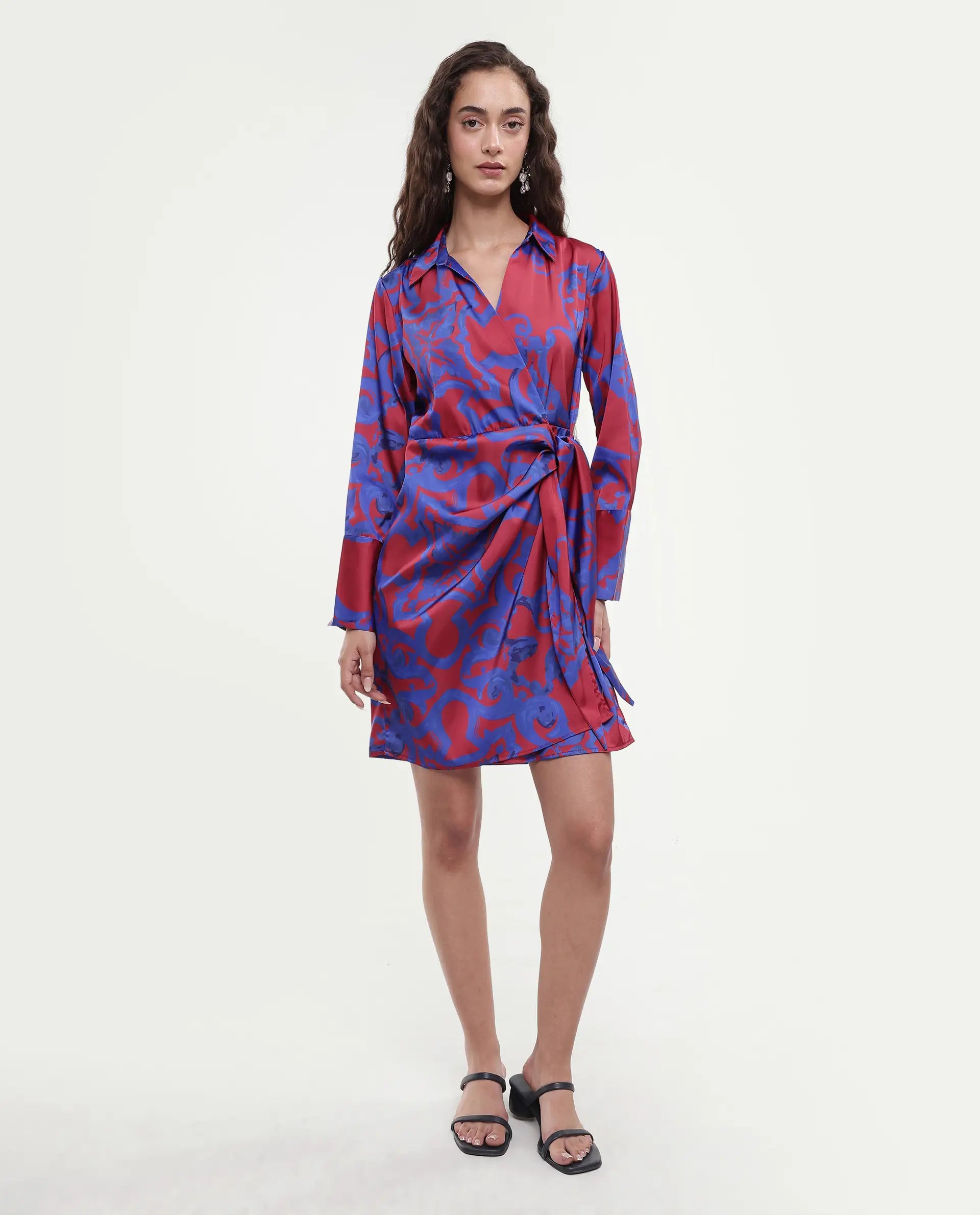 Rareism Women's Cager Red Polyester Blend Drop Collar Abstract Print Cuffed Sleeve Mini Wrap Dress