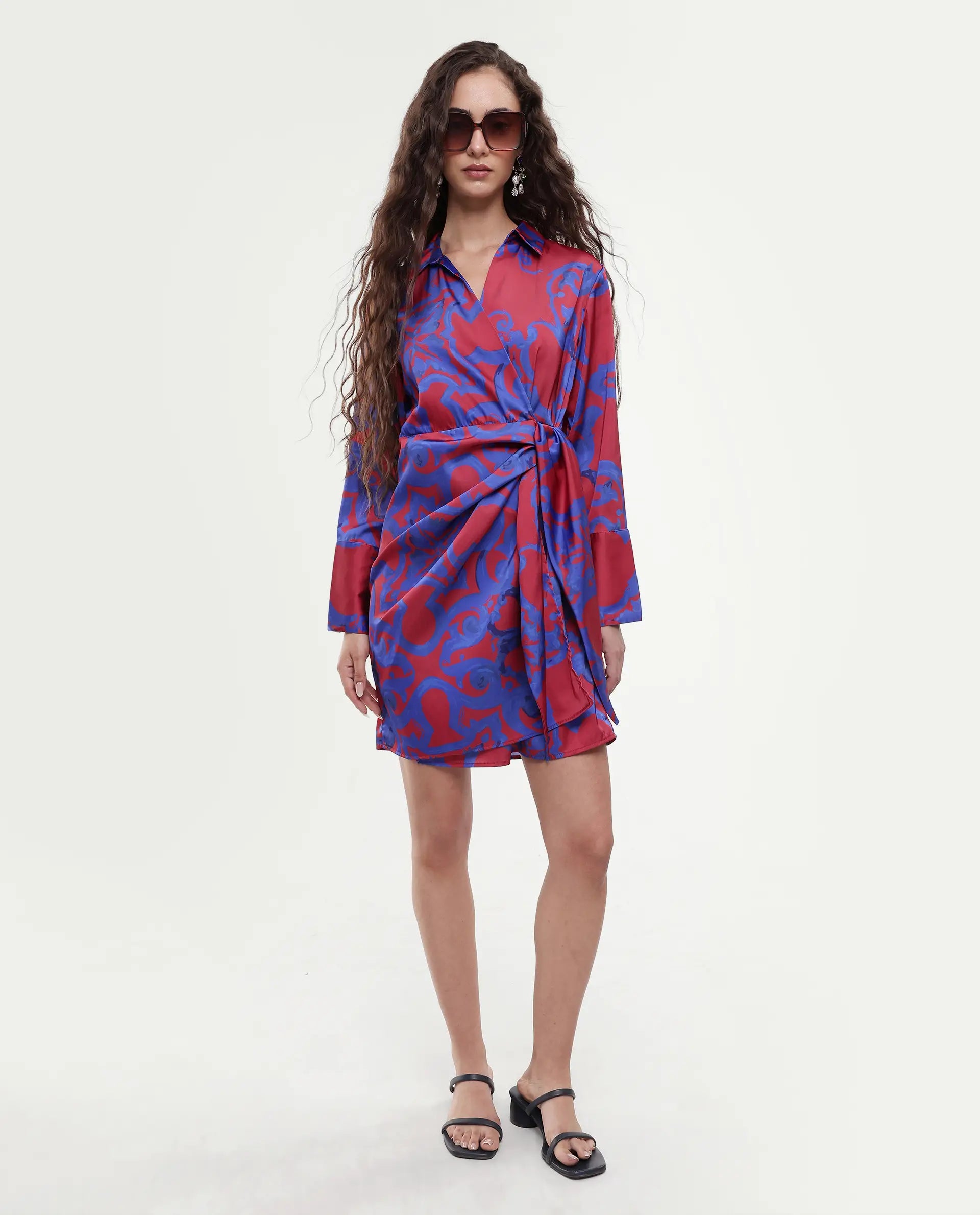 Rareism Women's Cager Red Polyester Blend Drop Collar Abstract Print Cuffed Sleeve Mini Wrap Dress