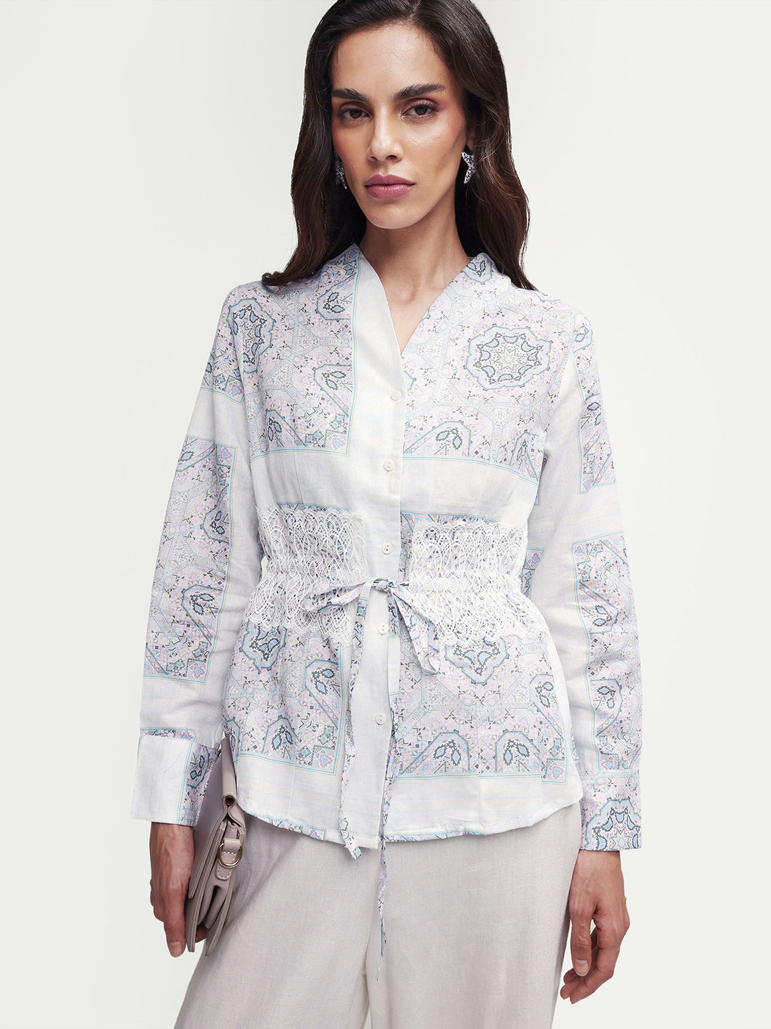 Rareism Women's Chanteo Light Multi Cotton Blend V-Neck Abstract Print Cuffed Sleeve Regular Fit Top