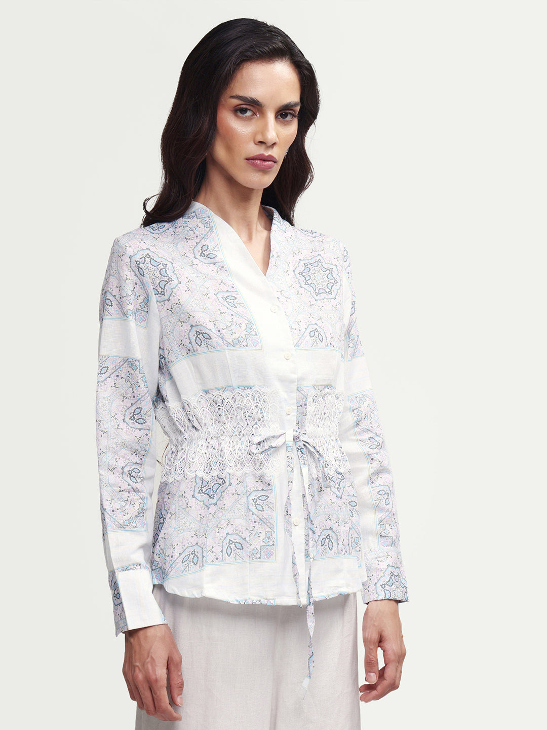 Rareism Women's Chanteo Light Multi Cotton Blend V-Neck Abstract Print Cuffed Sleeve Regular Fit Top
