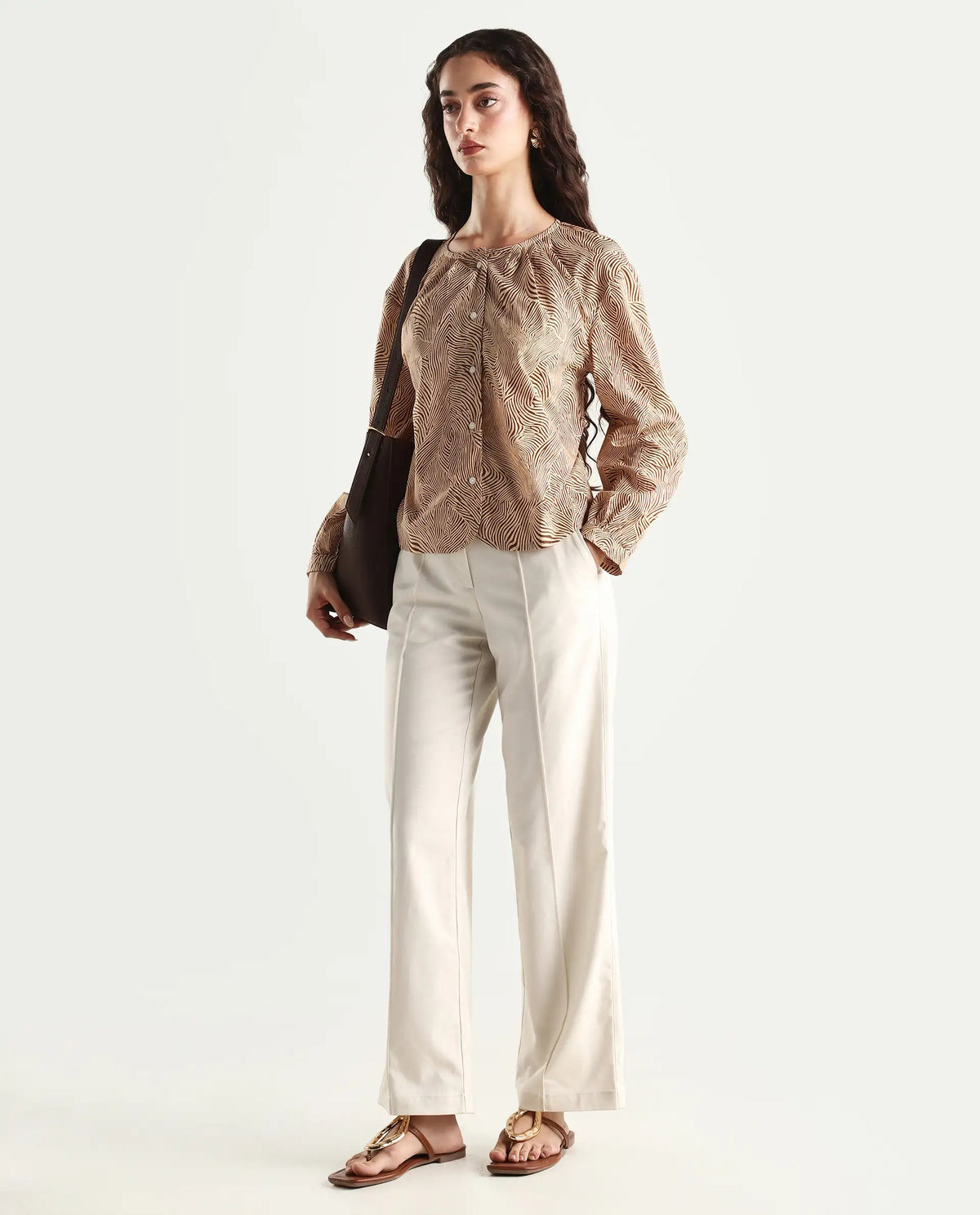 Rareism Women's Jaylone Sc Beige Cotton Crew Neck Geometric Print Cuffed Sleeve Regular Fit Top