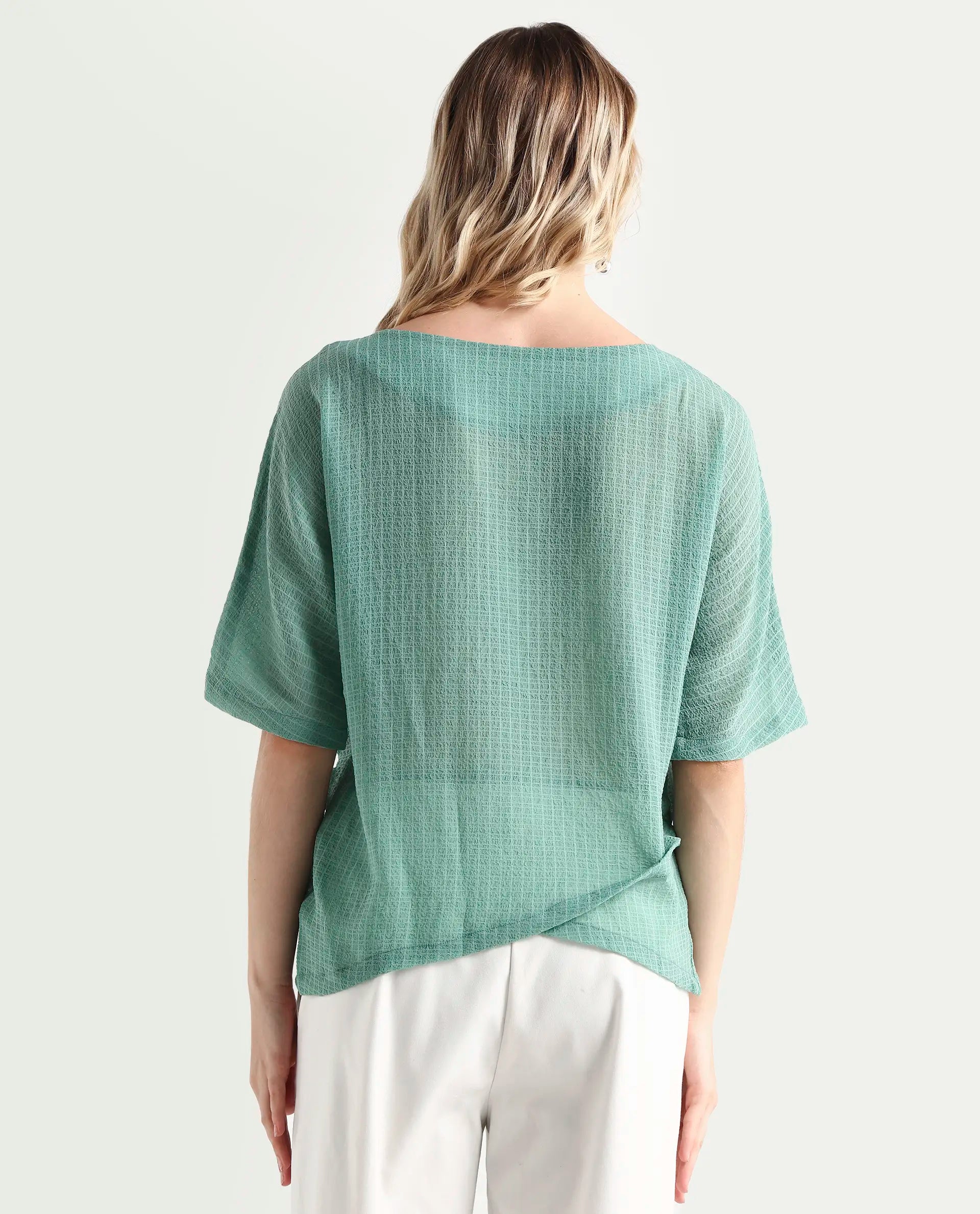 Rareism Women's Texmer Green Cotton Boat Neck Plain Regular Fit Top